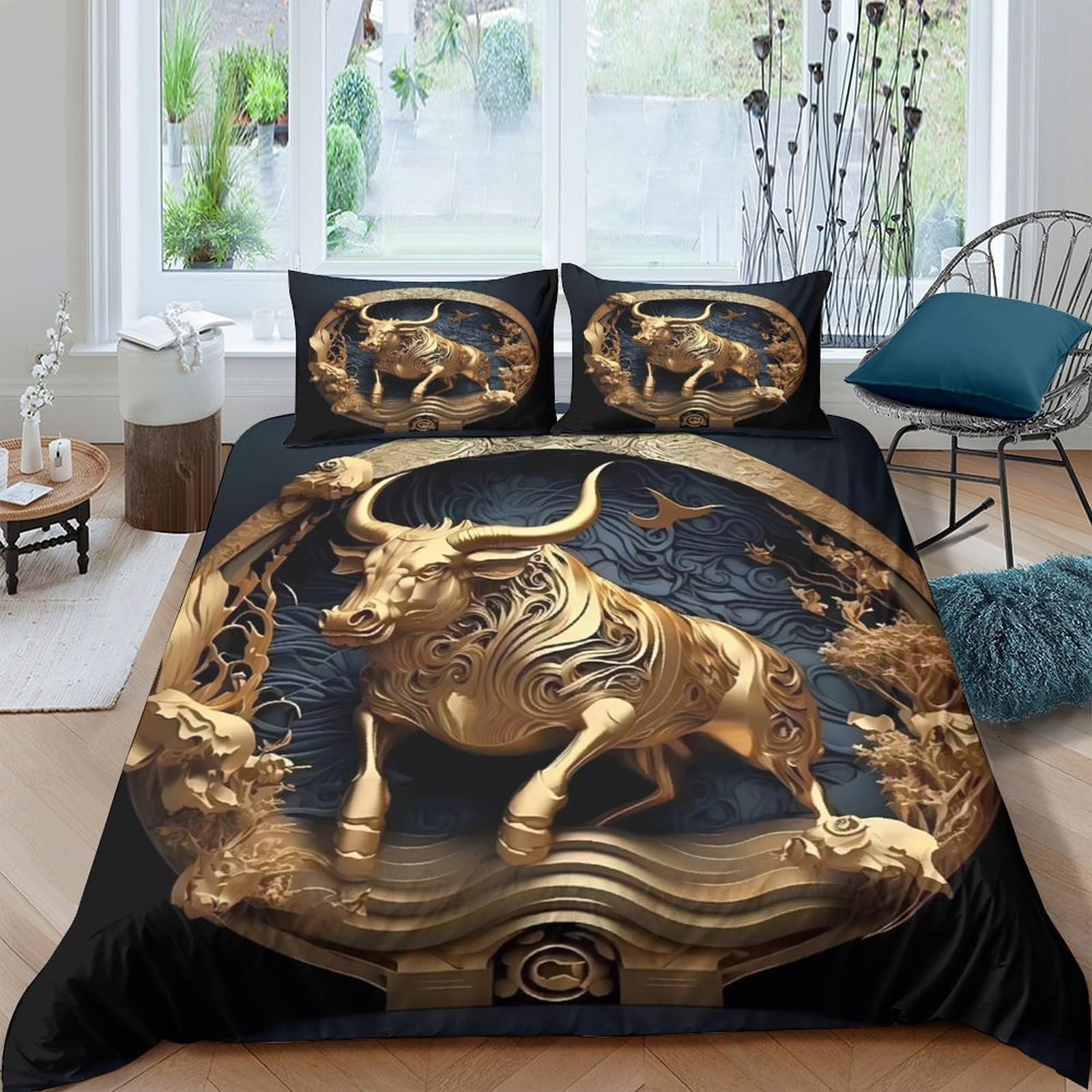 Ctjqhvkz Style-3 3D Printed Golden Bull Fitted Sheet Microfiber Soft Black Artistic Bed Sheet For Bedroom Guest Room Decor Single（135X200cm）