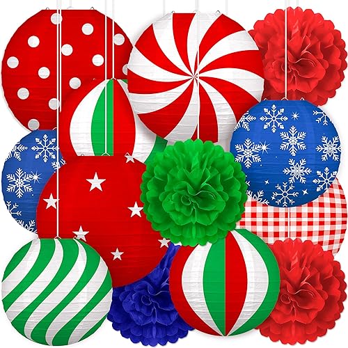 Miniatura 8 de Juego de 15 adornos de Navidad – 9 linternas de papel rojo, blanco y verde, 4 pompones, 2 espirales colgantes para interiores, hogar, fiesta de