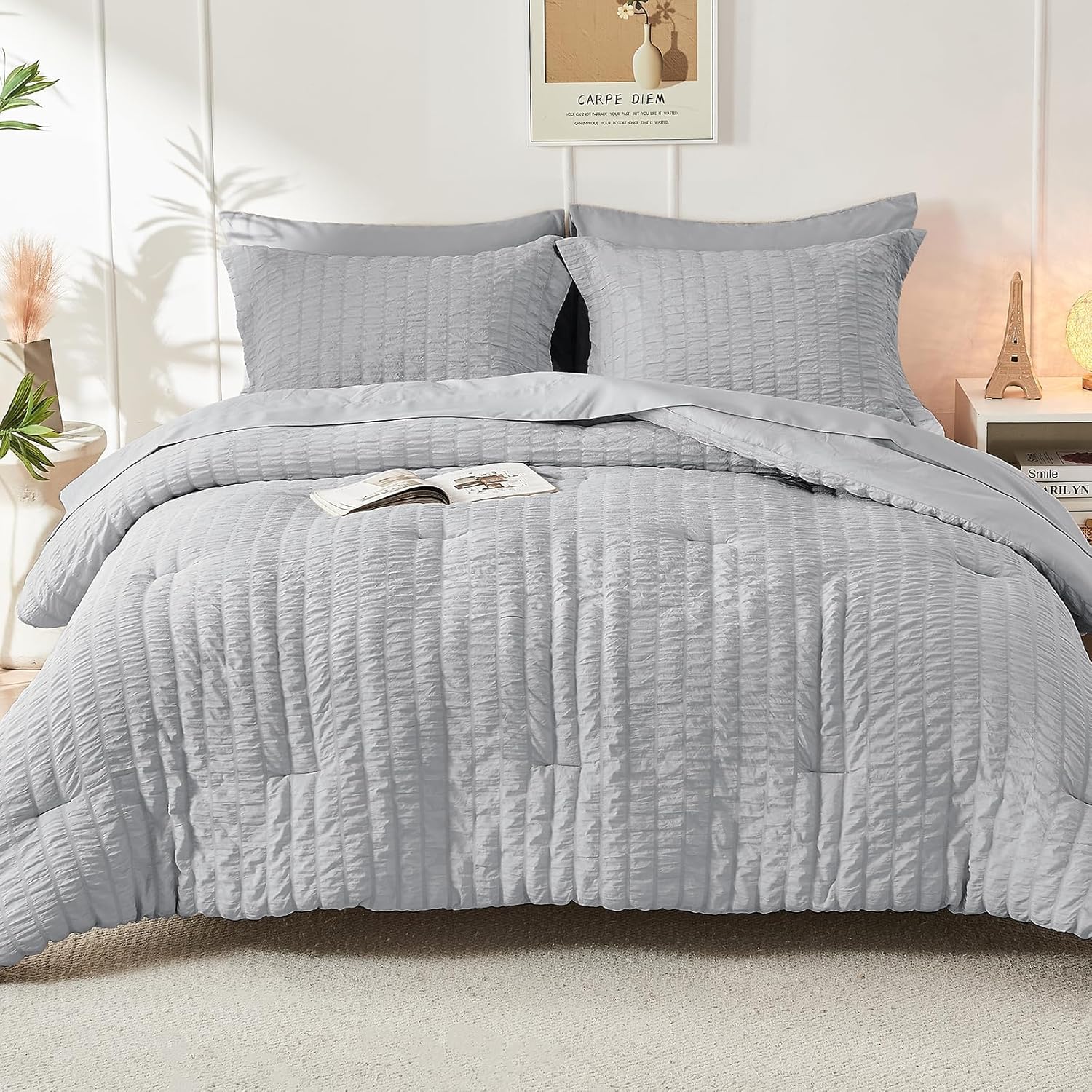 HYMOKEGE Light Grey King Size Comforter Set Seersucker 7 Pieces, All Season Luxury Bed in a Bag for Bedroom, Bedding Set with Comforters, Sheets, Pillowcases & Shams - Image 9