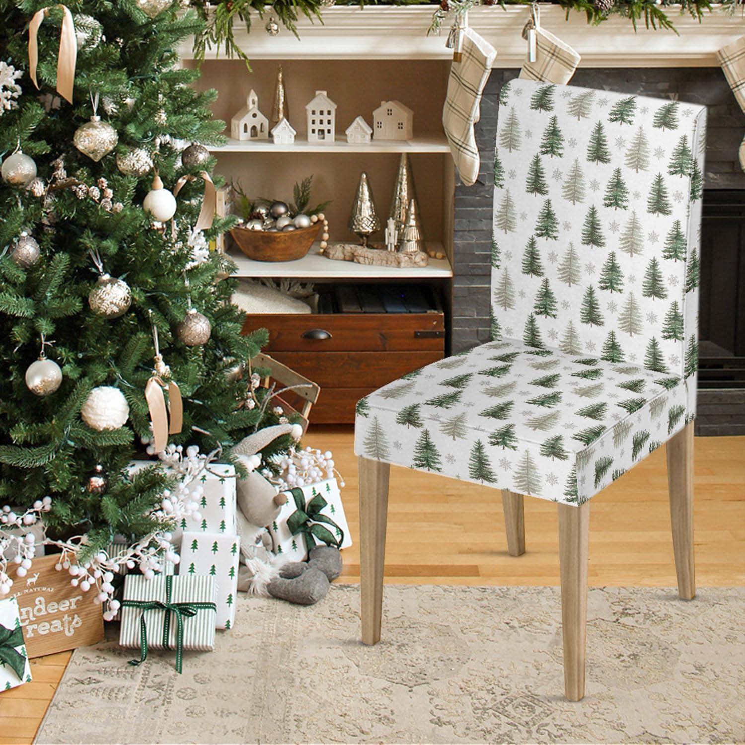 Horaldaily 6PCS Christmas Dining Chair Covers,Watercolor Christmas Trees Stretch Removable Washable Slipcover Chair Protector for Dining Room Home Decor