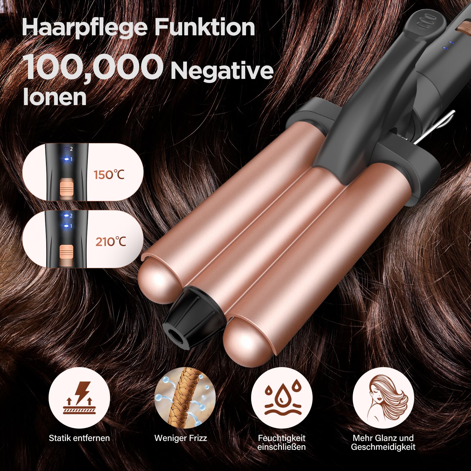 BESTOPE MIX Fer à Boucler Fer à Lisser, Fer à Boucler, 3 Feuilles, Fer Ondulé Céramique Antistatique pour Cheveux, Température Réglable de 150 à 210℃, Chauffage Rapide, Or Rose