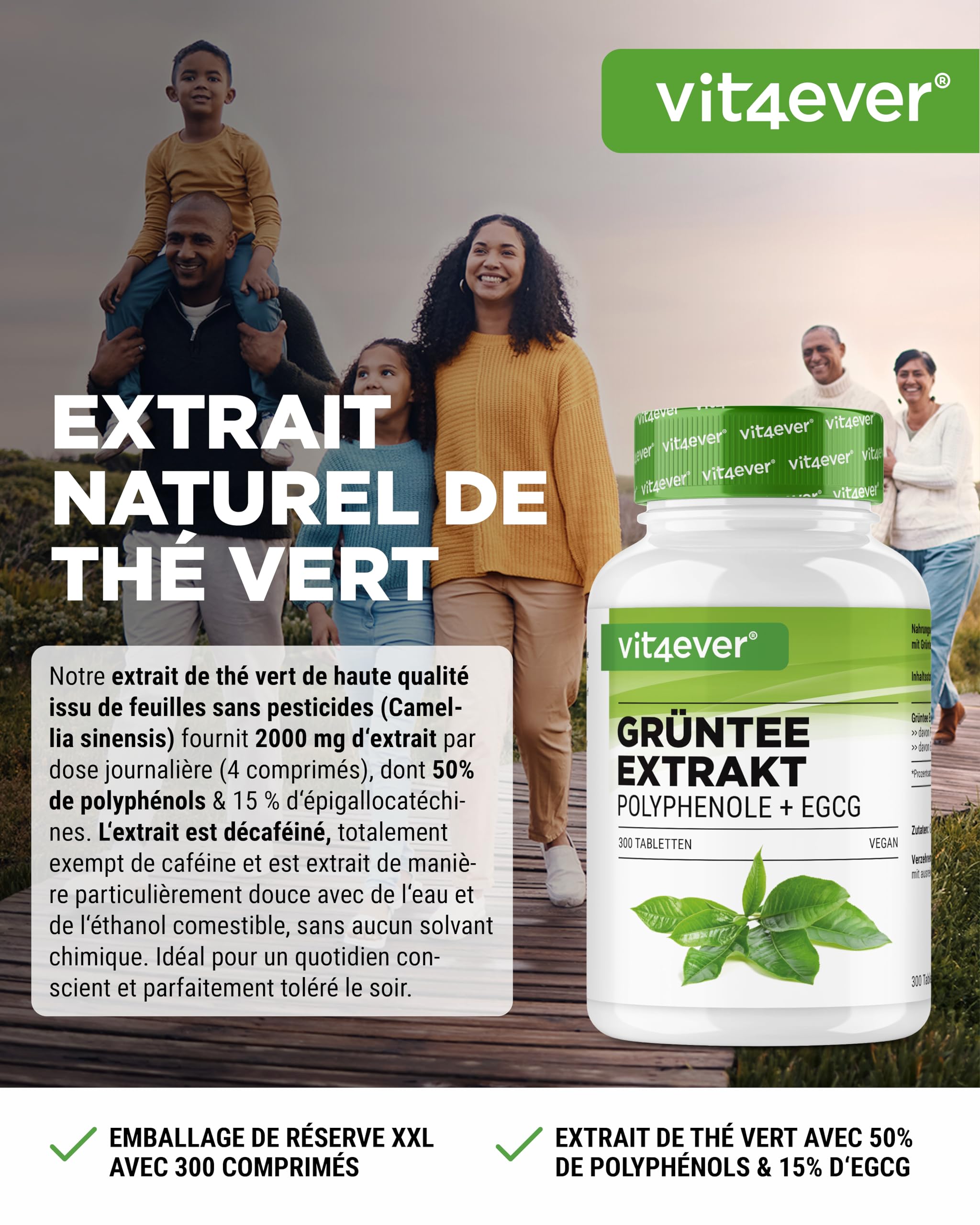 Extrait de Thé Vert 300 Comprimés - Hautement Dosé avec 2000 mg d’Extrait de Thé Vert, 300 mg d’EGCG et 1000 mg de Polyphénols par Dose journalière - Green Tea - Vegan - Sans additifs inutiles