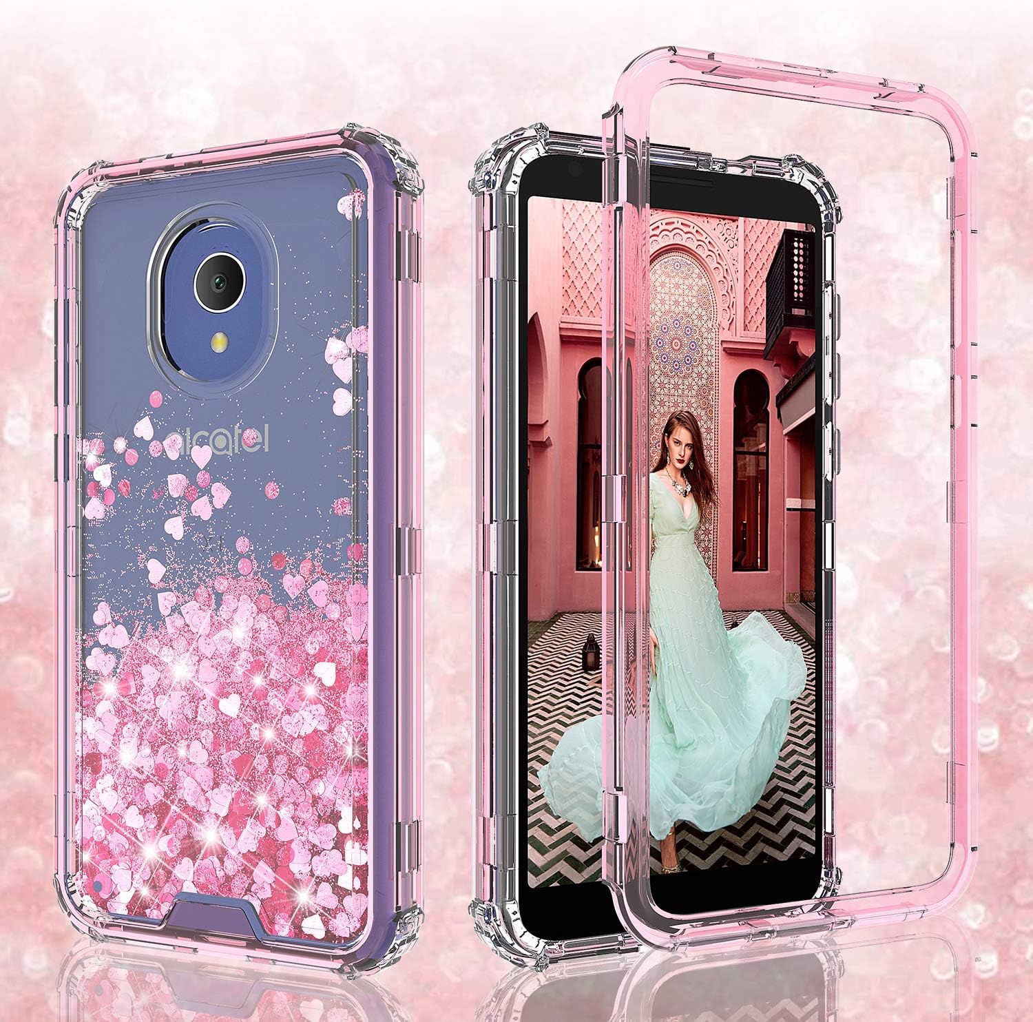 GW USA Compatible for Alcatel Avalon V Case/1X Evolve Case/TCL LX (A502DL)/IdealXTRA Case,Hard Clear Glitter Sparkle Liquid Heavy Duty Shockproof Three Layer Protective Bling Girls Women Cases - Pink