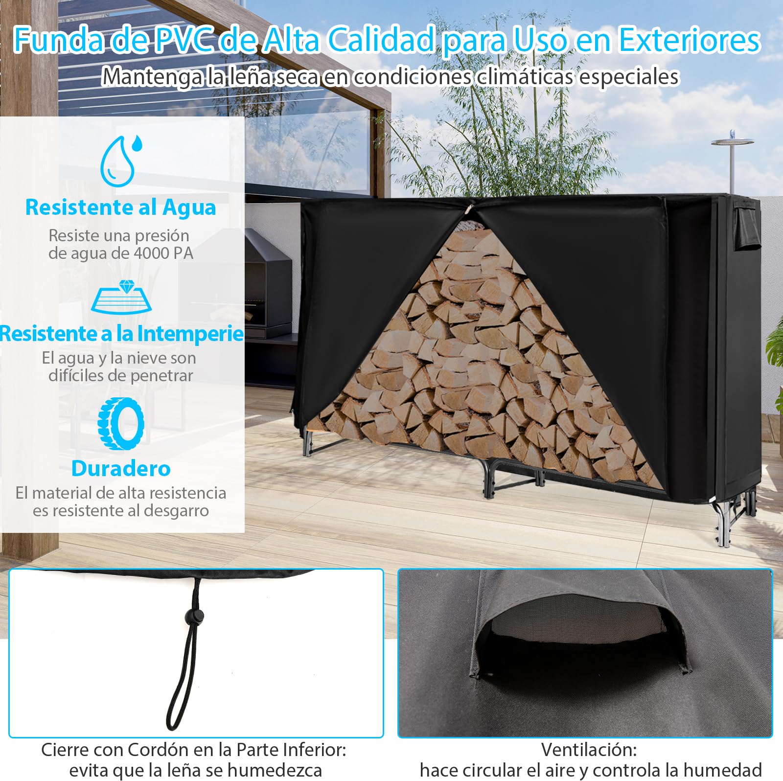 GYMAX Estantería para Leña para Chimenea con Cubierta Resistente a la Intemperie, Estable Estantería para Leña con Patas Antideslizantes, para Interior y Exterior, Color Negro (Longitud 240 cm)