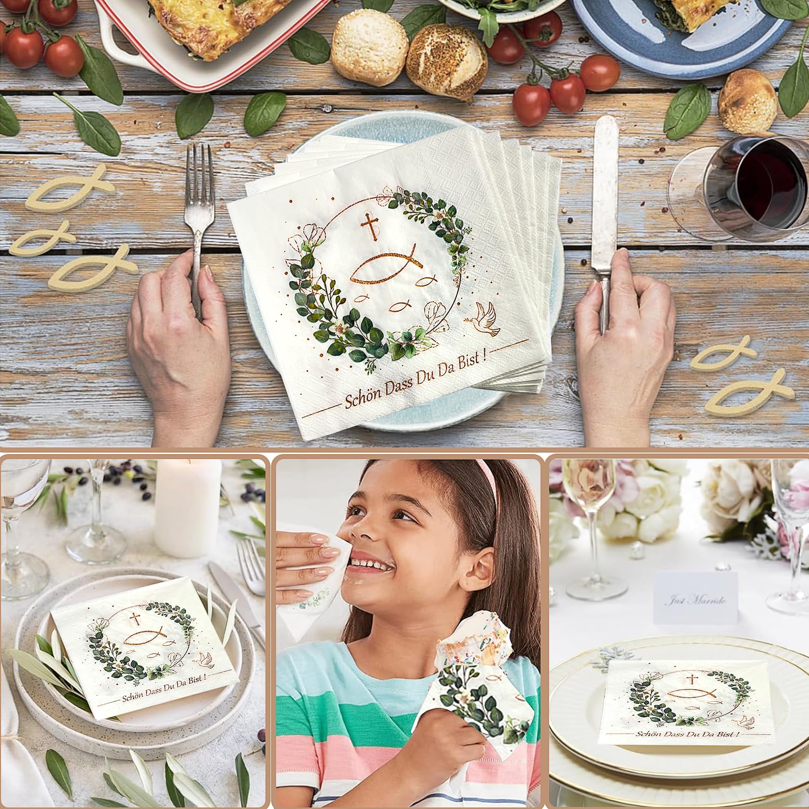 Tovaglioli per battesimo, comunione, cresima, decorazione – 40 pezzi tovaglioli a 3 veli, belli dass du da Bist tovaglioli verde eucalipto, battesimo, decorazione da tavolo, comunione, cresima, 33 x