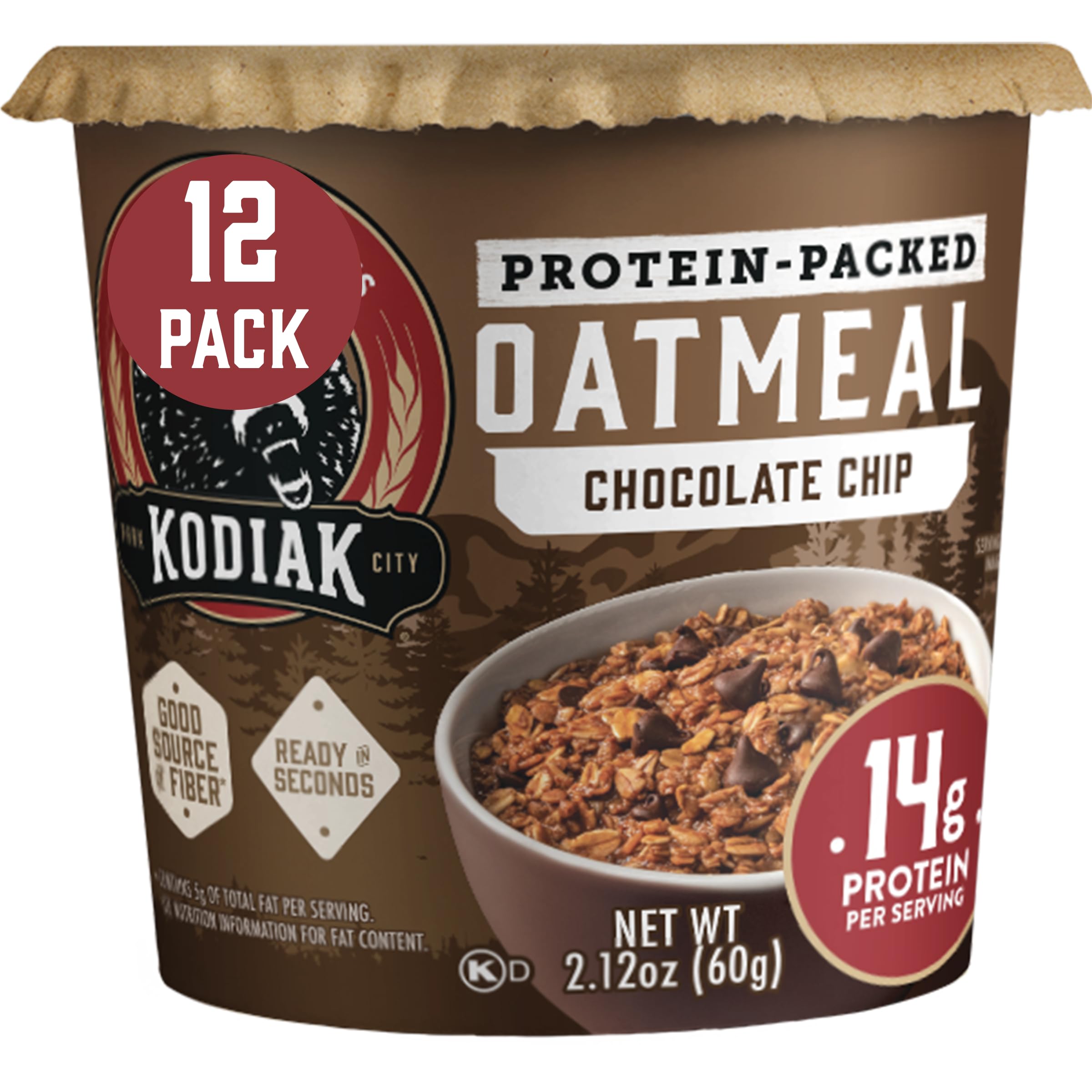 Kodiak Cakes Farina d'avena proteica con gocce di cioccolato in una tazza, pentola per porridge istantaneo, colazione sana, 100% avena integrale, 14 g di proteine per tazza, 60 g (confezione da 12)