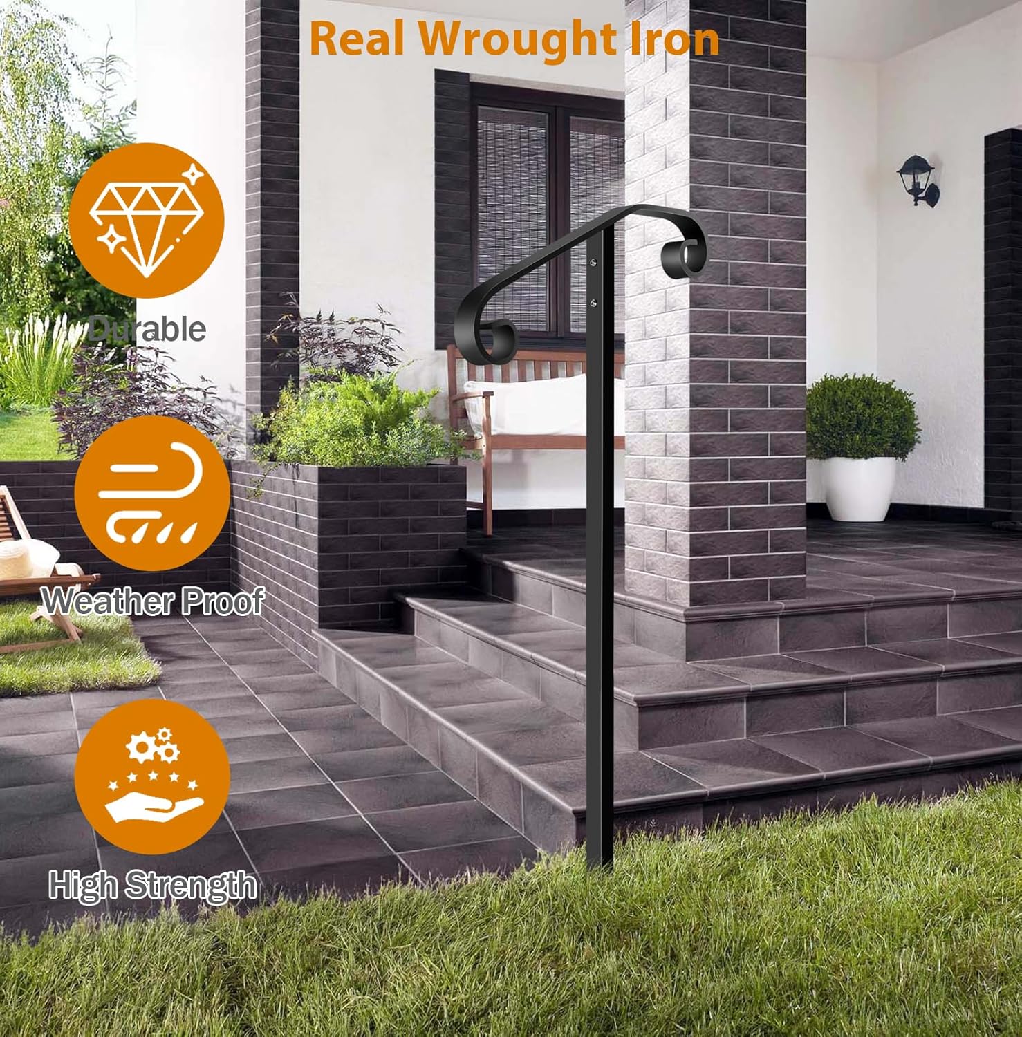 Handrail Railing, In-Ground Single Post Handrail, Wrought Iron Stair Handrail Grab Rail for Steps Porch, Long Post Fits 1 or 2 Steps, Black
