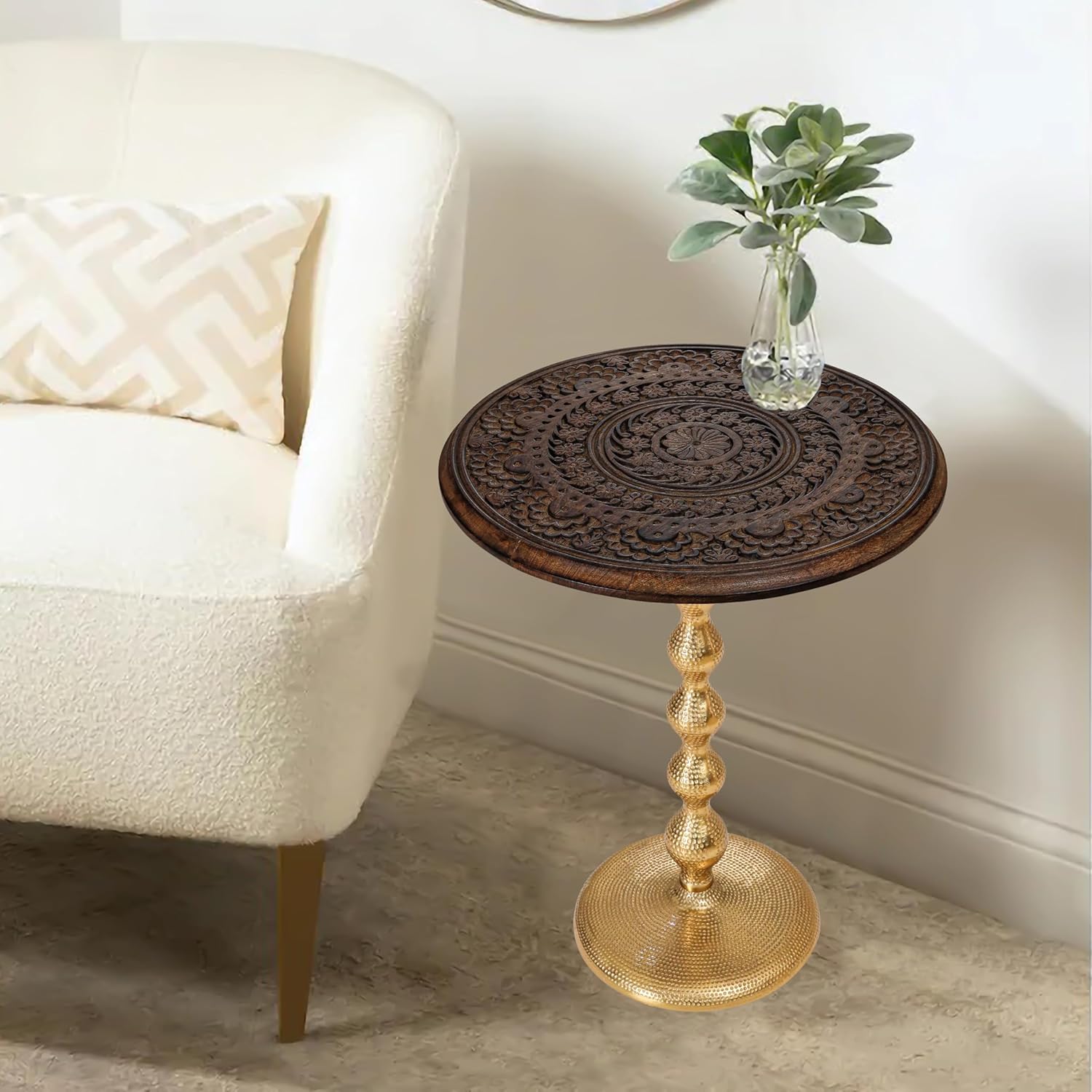 Alpha Living Home Rustic Wooden Top Round End Table Side Table for Living Room – Modern Accent Nightstand with Aluminum Gold Leg for Bedroom, Corner & Office (Walnut Gold), 18x23