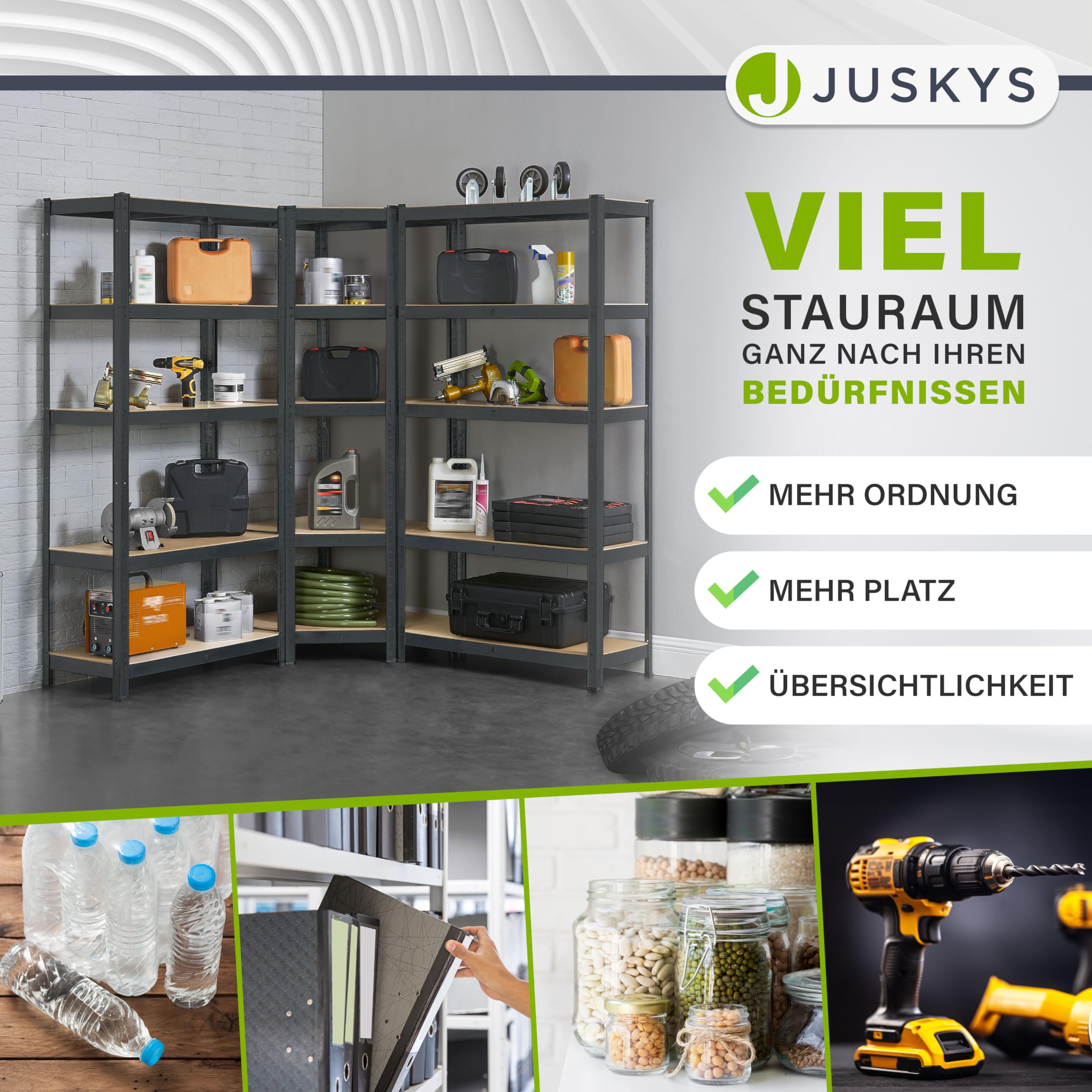 Juskys 3er Metall Regalsystem Basic - 1 Eckregal & 2 Lagerregale - 15 Böden aus MDF Holz - 2625 kg - Schwerlastregal Lagerregal Kellerregal - Grau
