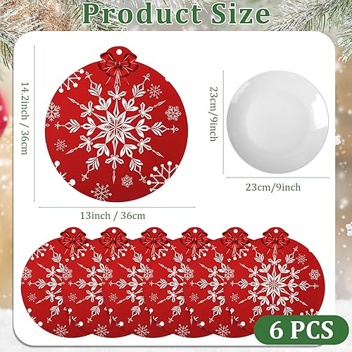 Miniatura 2 de Juego de 6 manteles individuales redondos de Navidad, tapetes individuales de cuero con copos de nieve de 14 pulgadas, manteles individuales