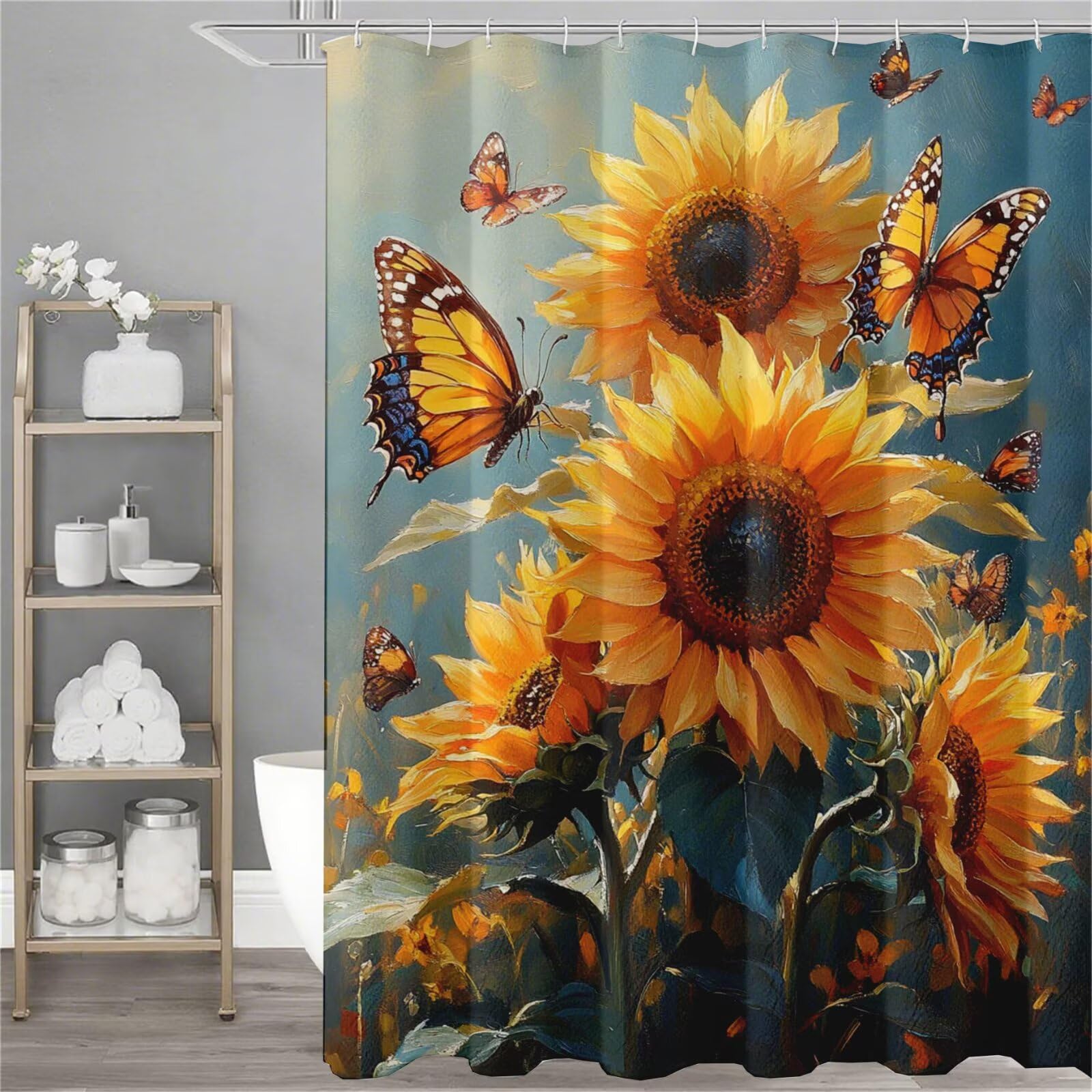 Rideau de douche 150x180cm papillon et tournesol imperméable en polyester avec crochets