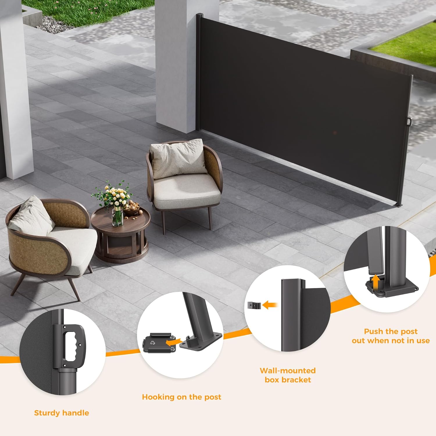 HOMEDEMO 146" x 71" Retractable Side Awning with Privacy Screen Protection, Carbon Gray Waterproof & UV-Resistant Outdoor Side Pull Shade for Patios, Balconies and Gardens