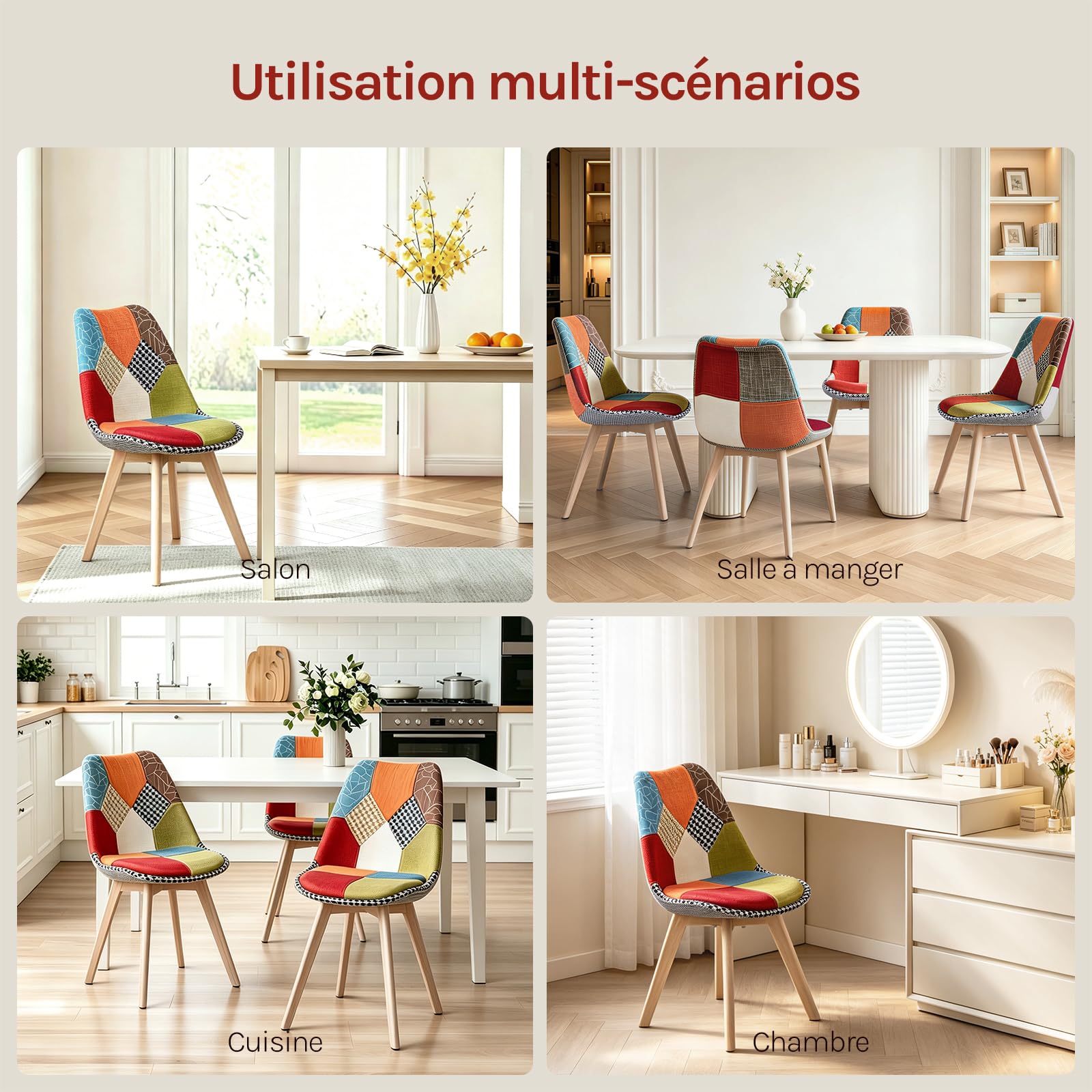 WOLTU Lot de 4 Chaises de Salle à Manger sans Accoudoirs, Chaises de Cuisine Patchwork, avec Pieds en Bois Massif, Style Scandinave, pour Salle à Manger ou Salon, 47x56x81,5 cm, Multicolore