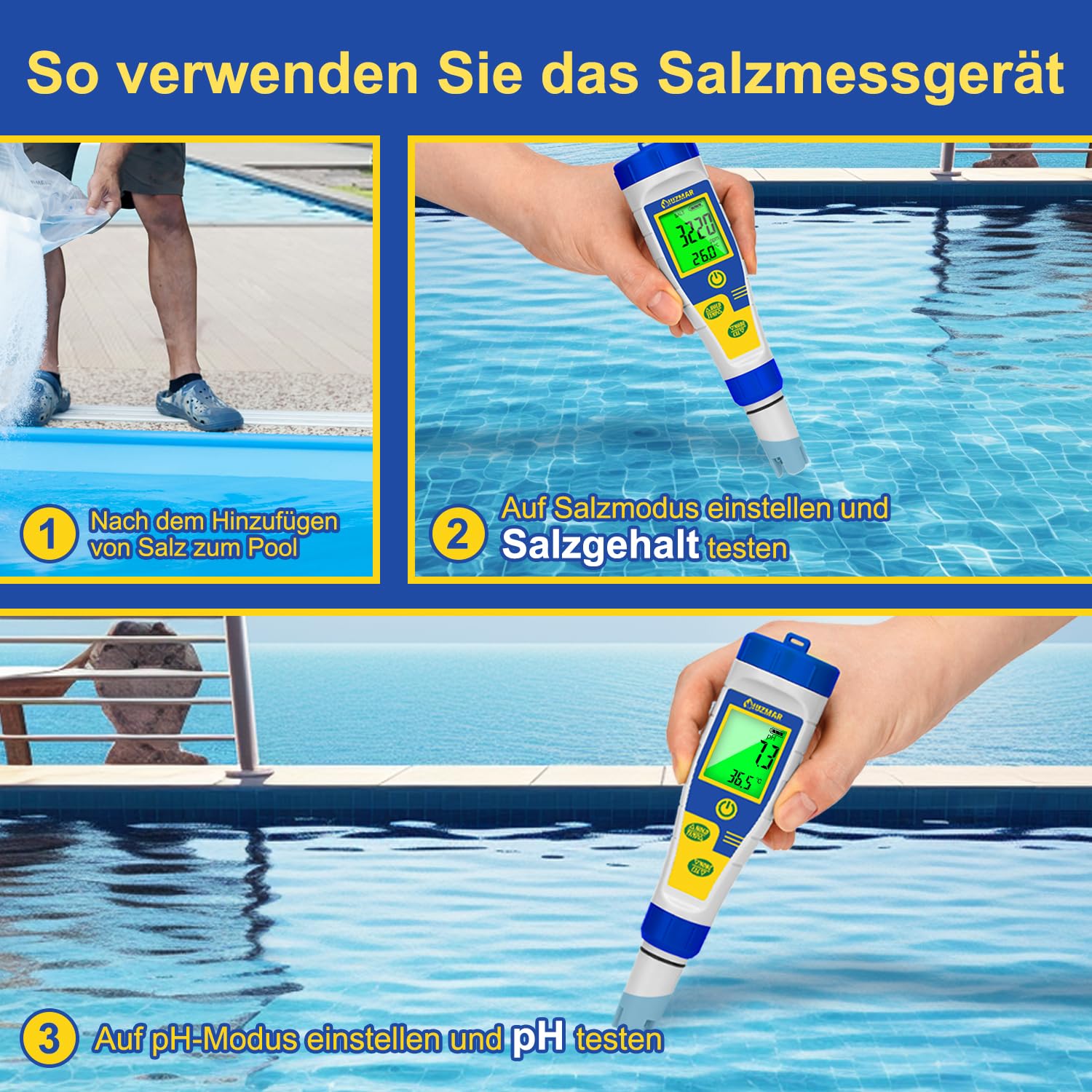 UIUZMAR Salzgehalt Messgerät für Poolwasser, Digitales pH und Salzmessgerät für Pool, Größerer Bildschirm, 5-in-1 pH Salz EC TDS Temperatur Wasser Tester für Hydrokultur, Aquarium, Spa