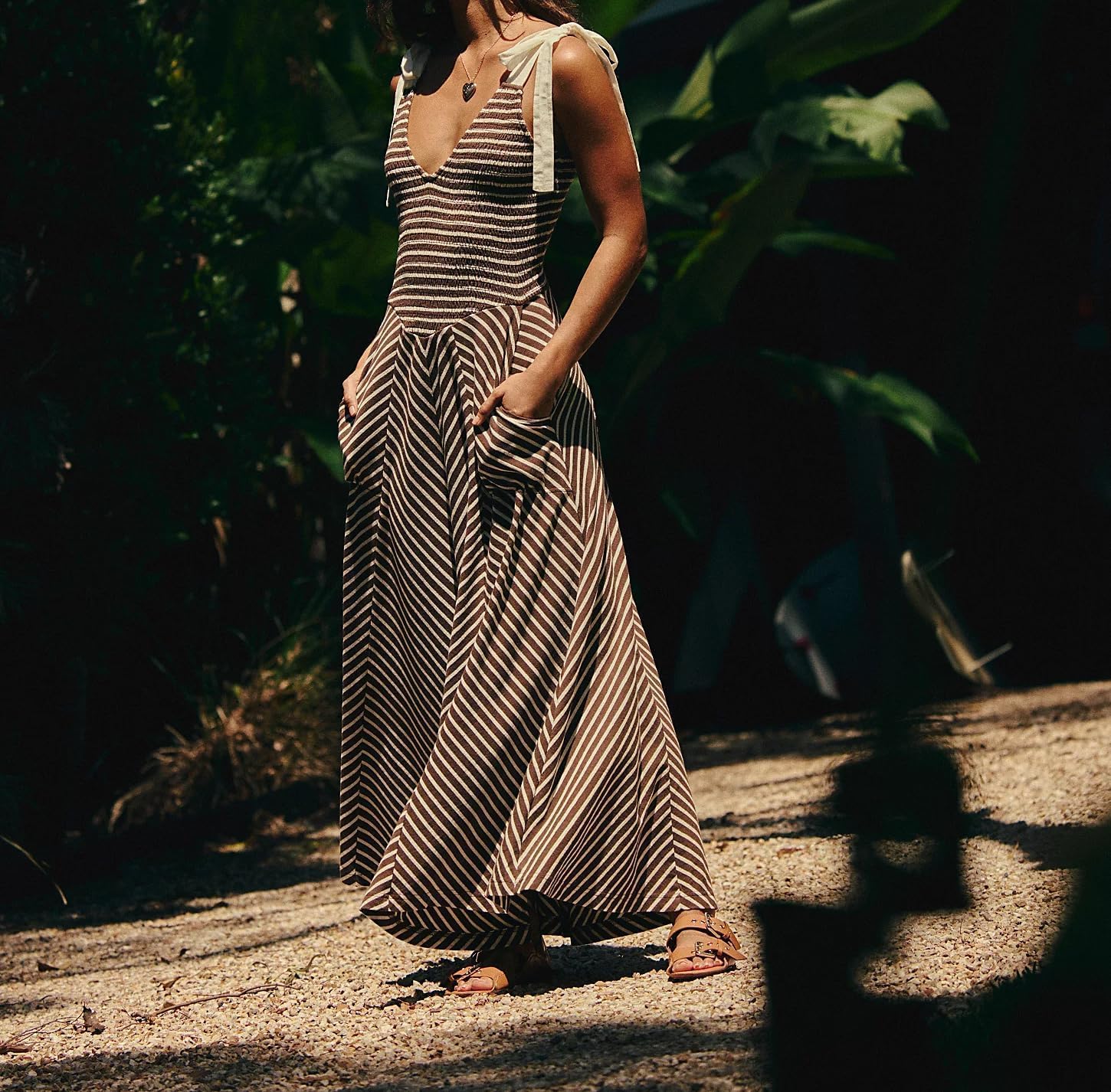 BONVEN Womens Boho Striped Smocked Maxi Dresses Deep V Neck Beach Sundress Summer Casual Dress with Pockets - Image 2