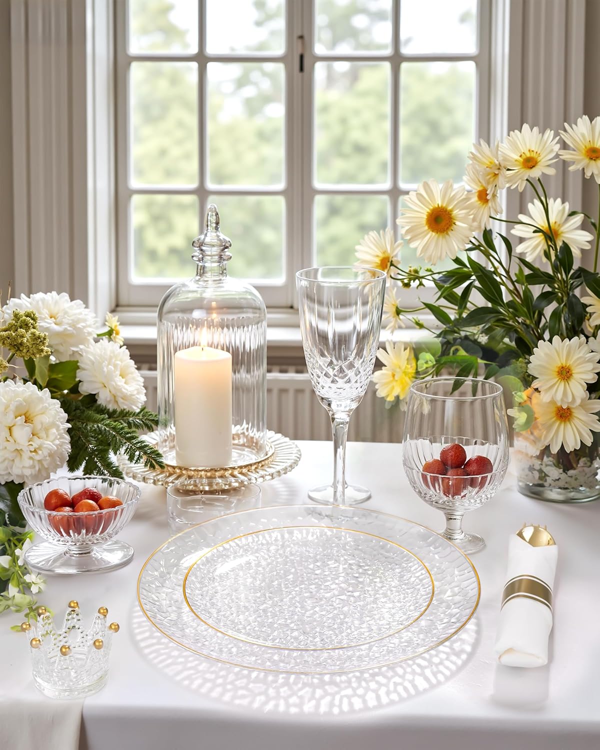 Hioasis 350pcs Clear Gold Plastic Plates - Clear Plastic Dinnerware Set Includes 50 Dinner Plate, 50 Dessert Plate, 50 Cups, 50 Napkins Perfect for Wedding & Party Clear and Gold 350 Pieces (50 Guests)