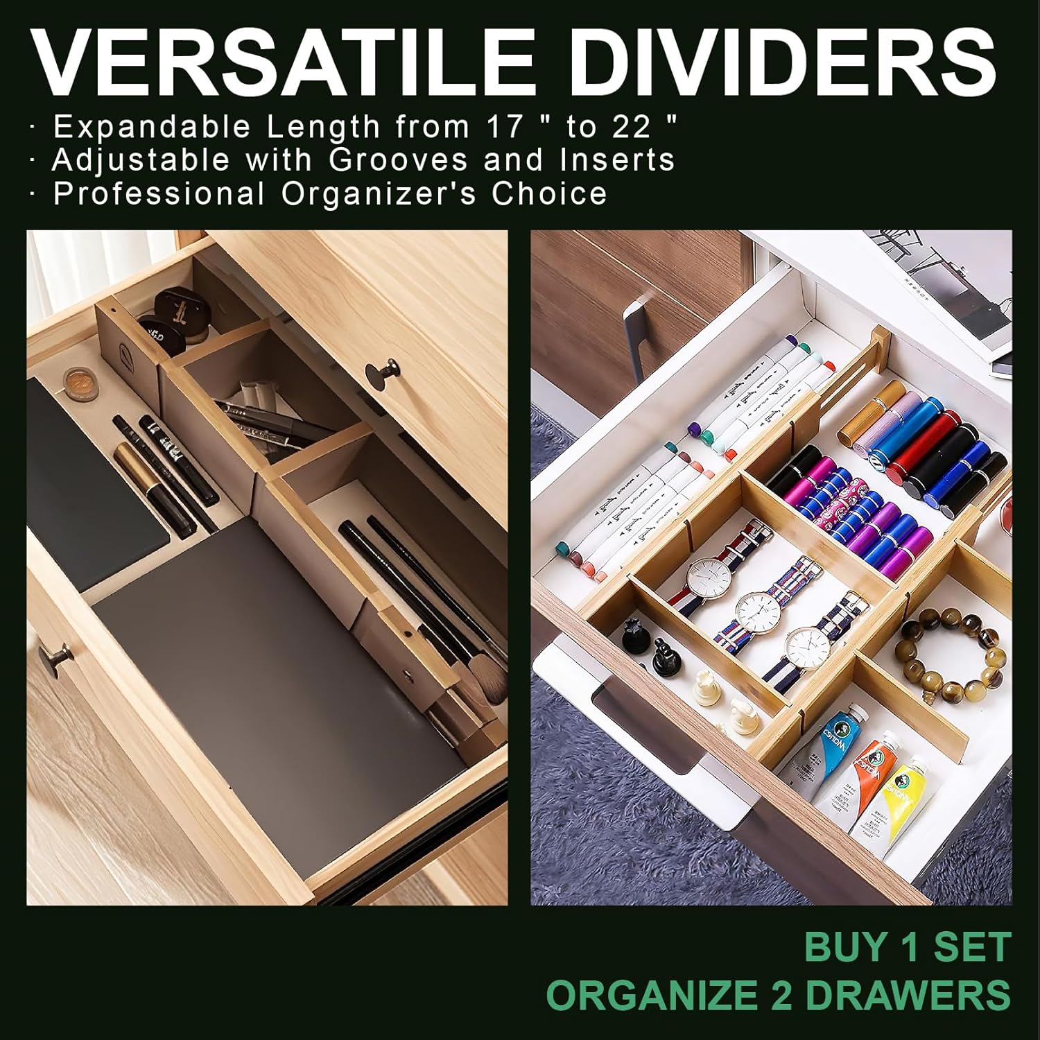 4 Pack Bamboo Drawer Dividers with Inserts and Labels – Adjustable Kitchen Drawer Organizers, Expandable Storage Solutions for Home, Office, Dressers (17-22 Inches)