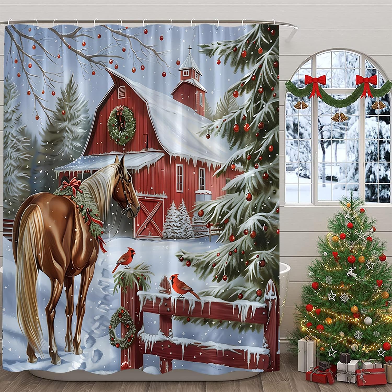 Christmas Shower Curtain Retro Farmhouse Rustic Horse Xmas Tree Winter Near Year Fabric Decorative Bathroom Curtains with Hooks,Red Green Brown