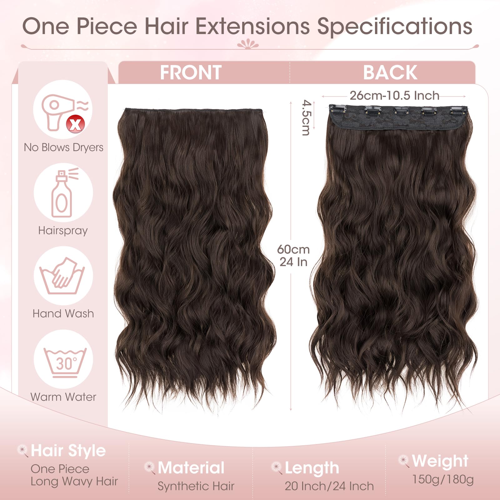 Silk-co One Piece Clip In Hair Extensions Curly 180g Hairpieces 5 Clips Wavy Curly Synthetic 3/4 Half Full Head for Laides and Women 24 Inch(60 cm) Chocolate Brown - Image 4
