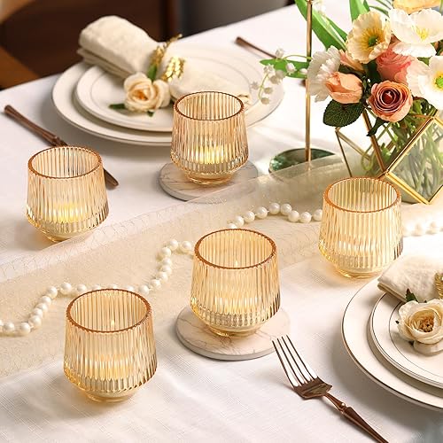 Miniatura 6 de 12 portavelas votivas grandes de oro, votivas doradas acanaladas de 3.15 x 3.15 pulgadas, portavelas doradas para decoración de mesa de boda,