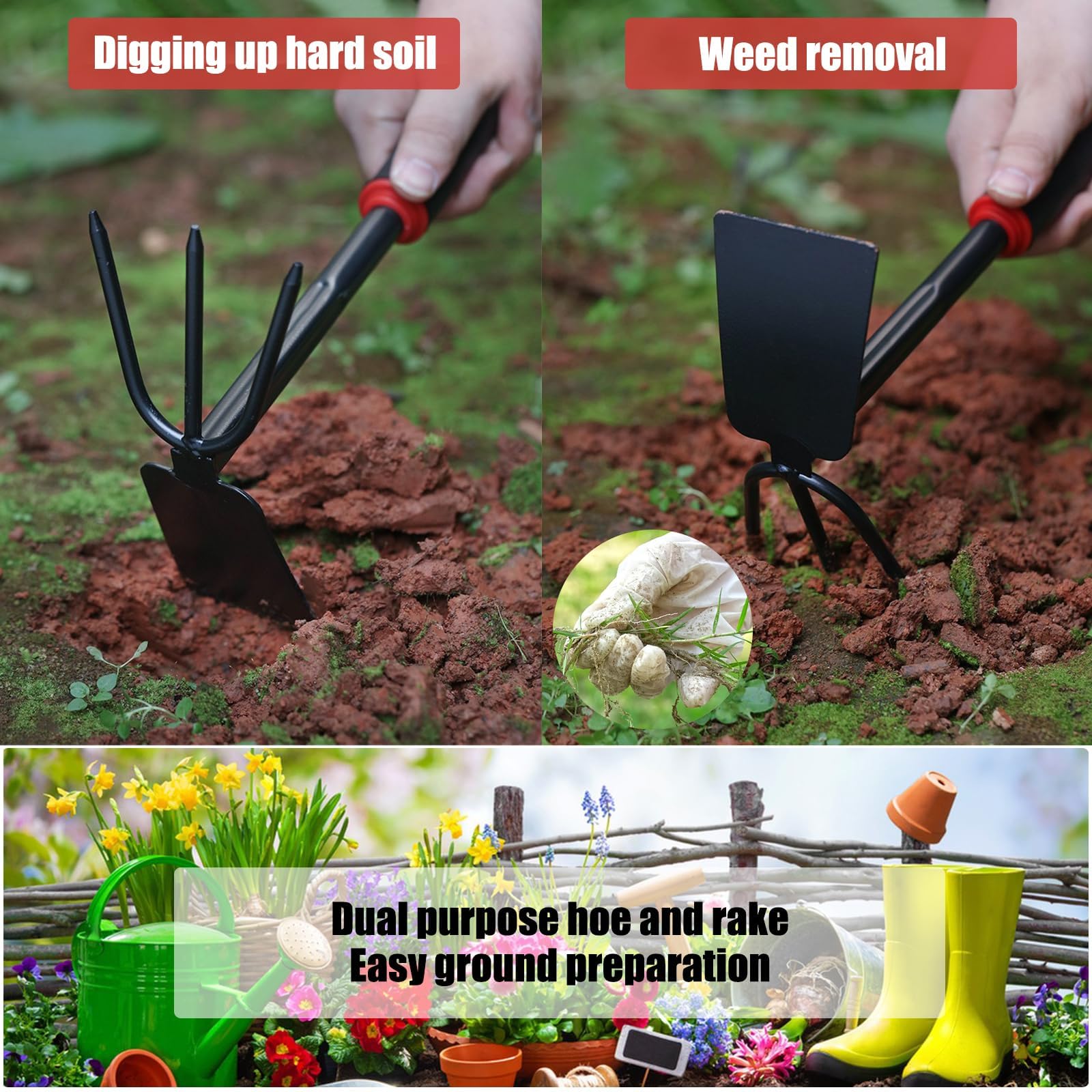 Herramientas de jardinería de 3 Piezas con Mango Antideslizante – Kit Profesional de Acero Inoxidable para plantación, excavación y azada (Pala, trasplantador, azada Doble)