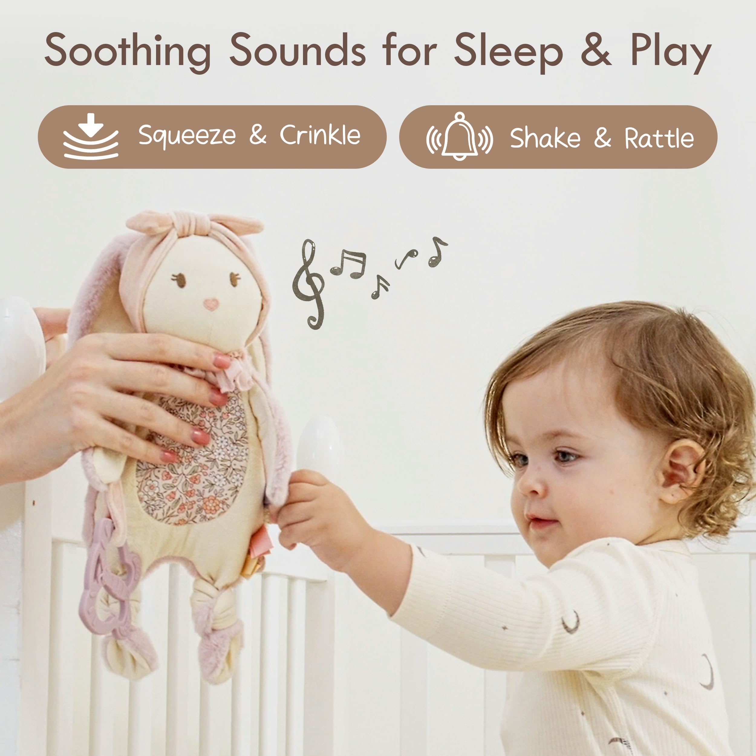 Moonkie Doudou Neonato, Peluche per bambini Coniglio, Copertina con Giochi Dentizione, Regalo Neonata Femmina per Baby Shower e Compleanni, Peluche con Nastri Testurizzati, Orecchie Fruscianti