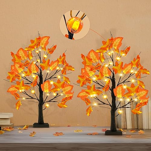 Miniatura 9 de KatchOn, Árboles de arce artificiales con luces, 24 pulgadas, paquete de 2 unidades, 48 LED, árboles de arce iluminados de otoño, árboles iluminados