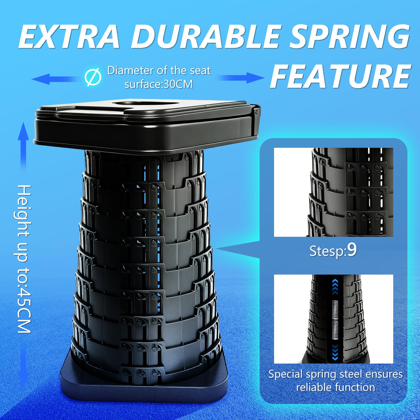Tabouret Pliant Portable amélioré avec Dossier, siège télescopique Pliable pour Adultes Le Camping, la pêche, la randonnée, Les barbecues, Hauteur 45 cm (Tabouret avec Dossier)