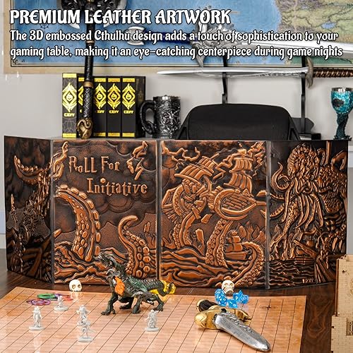 Miniatura 3 de CZYY DND Dungeon Master - Pantalla de cuatro paneles con bolsillos, piel sintética en relieve 3D con Cthulhu, insertos de pantalla DM incluidos y