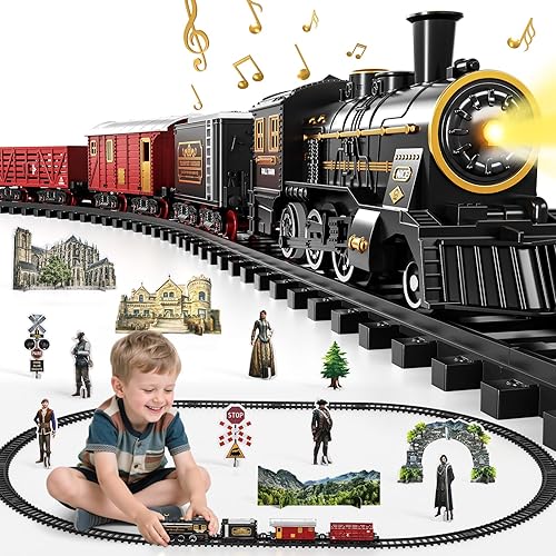 Miniatura 9 de Juego de tren para niños pequeños de 3 a 4 años, trenes de aleación eléctrica con pista, luz, sonido y escena, juegos de tren de Navidad para