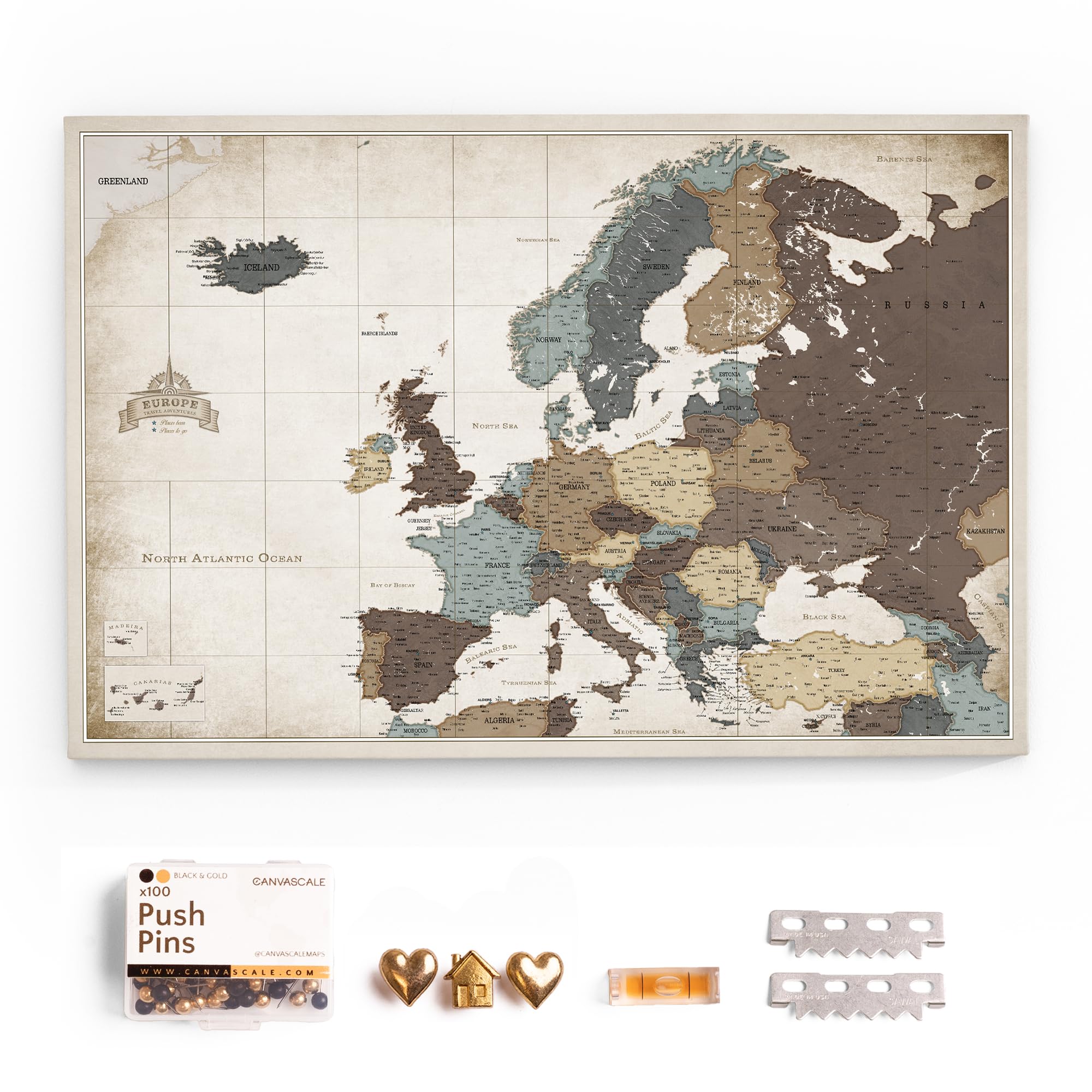 Canvas Europe Map with Cork Pin Board - Decorative Wall Decoration for All Rooms - Canvas Pictures with Europe Map Motif (70x50 cm, Pattern 25)