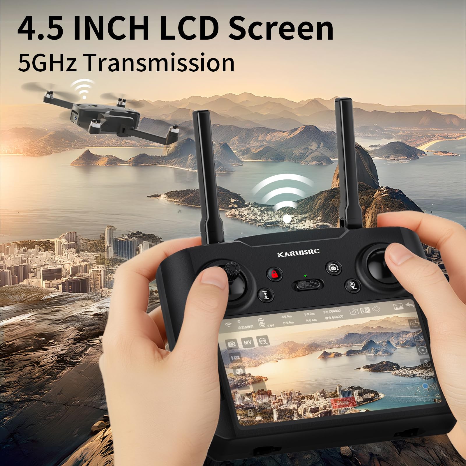 GPS Drone Con Fotocamera 1080P, Schermo FPV 4,5", Trasmissione 5GHz, Motore Brushless, Ritorno Automatico, Follow Me & Scheda SD. Controllo Gestuale, Flusso Ottico Per Adulti/Bambini/Principianti