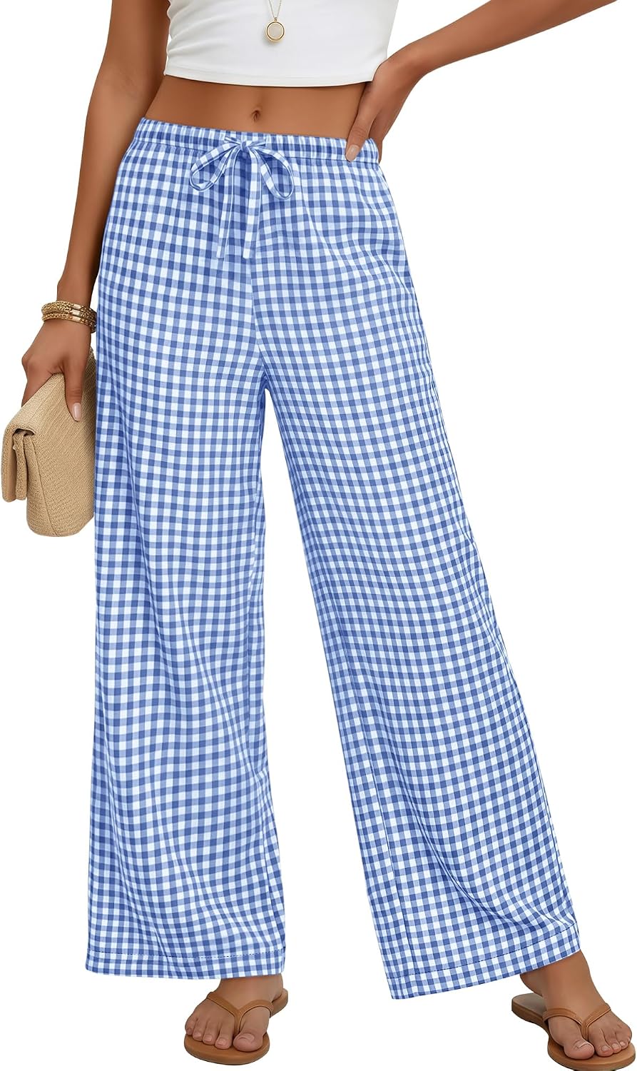 Xaatren Women's Gingham Pants 80% Cotton Striped Plaid Pajamas Elastic Waist Lounge Bottoms Casual Summer with Pockets