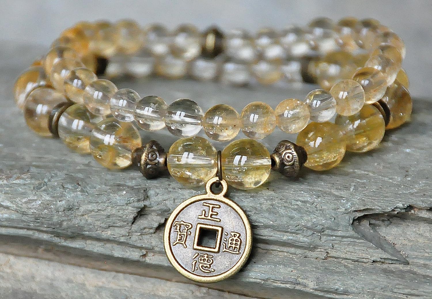 Set of two Wealth, Abundance Citrine Gemstone Bracelet,Lucky Coin Mala,Money Bracelet,Buddha Bracelet,OM Bracelet,Energy Bracelet,Sacral Chakra Healing