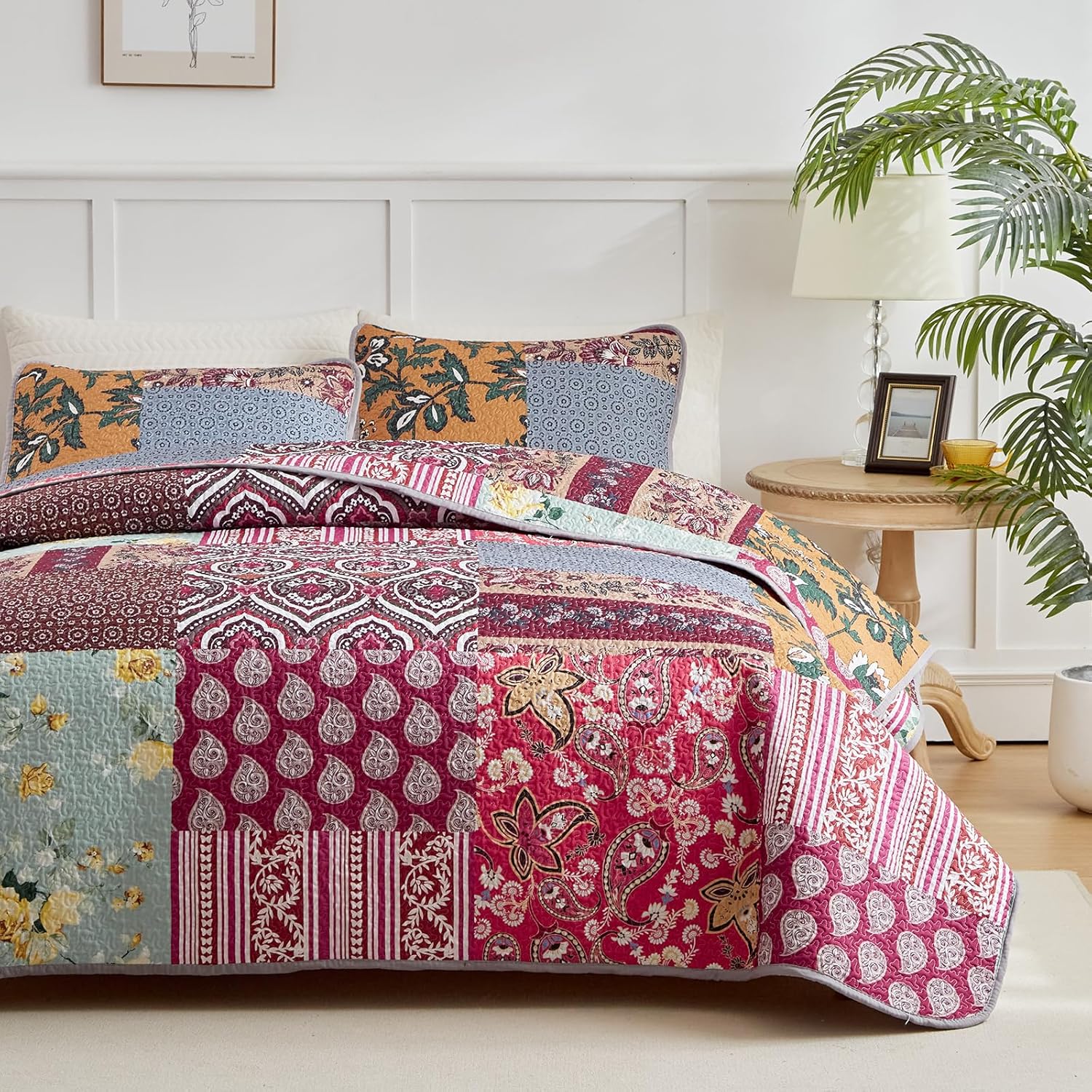 3 Pieces Patchwork Quilt Set Full/Queen Size, Red Floral Farmhouse Bedspread Coverlet Set, Soft Microfiber Reversible Lightweight Bed Cover for All Season (90" x 90", 1 Quilt+ 2 Pillow Shams) - Image 6