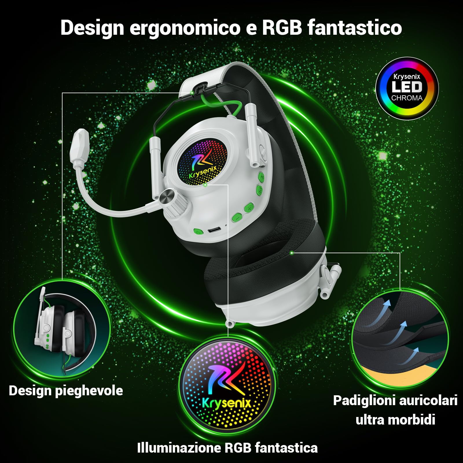 Krysenix Cuffie Gaming Wireless per PS5, PS4, PC, Mac, Switch, 2.4GHz Cuffie Bluetooth con con Microfono Antirumore, 40H di Autonomia cuffie wireless, Luce LED, Bianco Puro
