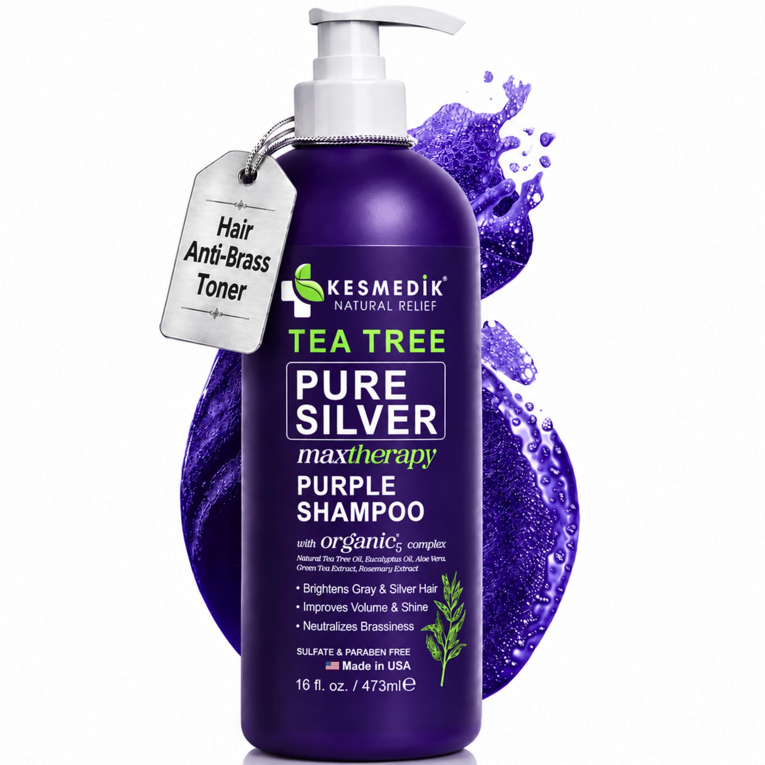 KESMEDIK Tea Tree Purple Shampoo for Bleached, Silver & Gray Hair, 16 fl oz