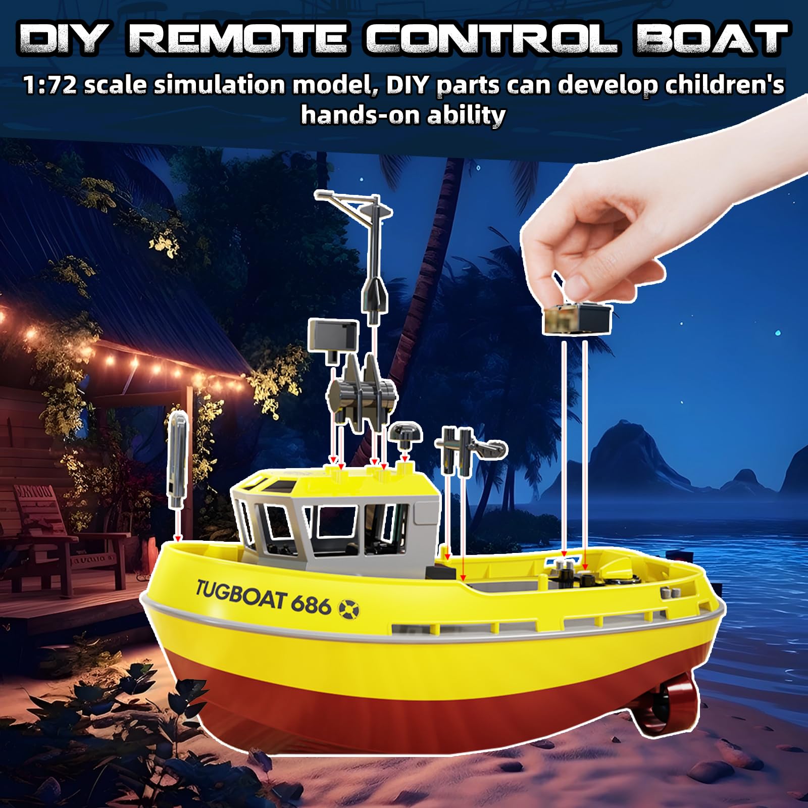 FORMIZON Barco Teledirigido, 1:72 Barco Teledirigido De Bricolaje A Escala, 2.4GHz Lancha Teledirigida con Luces LED, Juguetes Acuáticos de Verano para Niños y Adultos