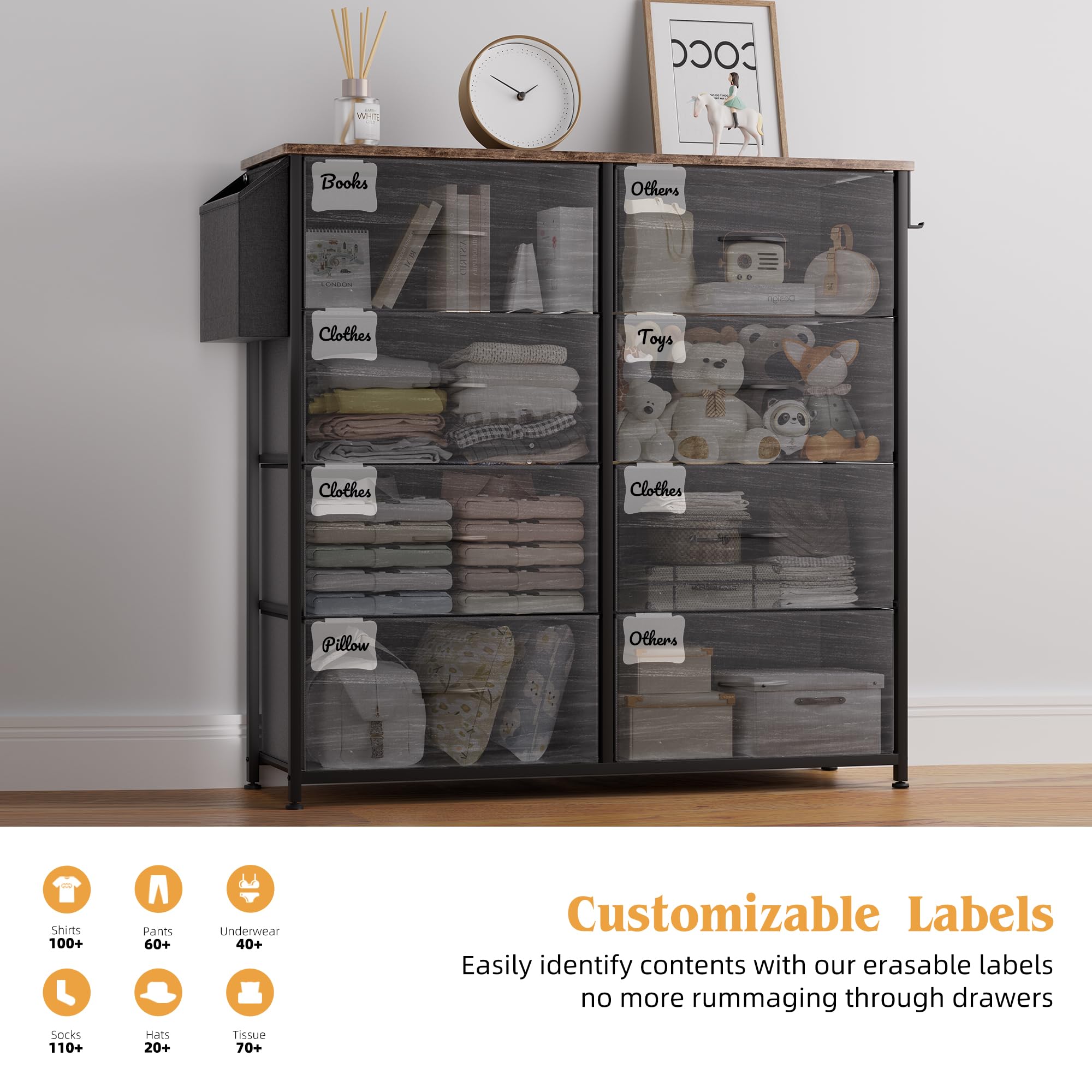 Commode en Tissu – Meuble de Rangement en Toile, 9 Grands Tiroirs, Étiquettes, Poche Latérale et Crochet, pour Salon, Couloir, Chambre