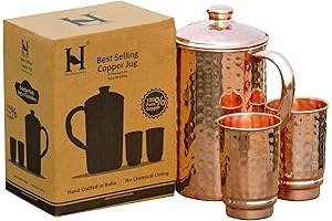 Pure Copper Jug with 2 Tumblers for Ayurveda Health Benefits