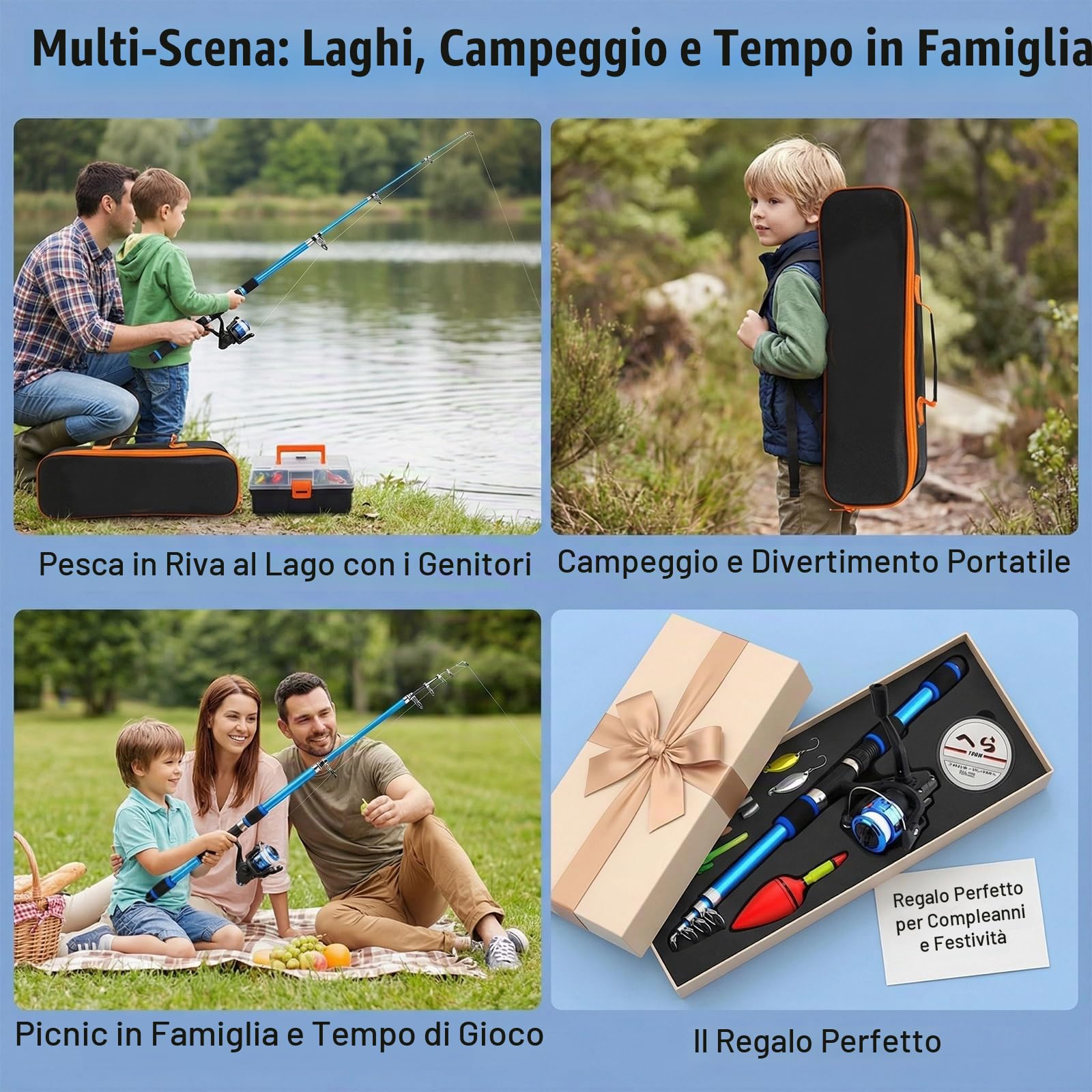 Set di 2 accessori da pesca, telescopico, canna da pesca, 1,8 m, con rotolo, esca, grande galleggiante, campana, borsa per il trasporto
