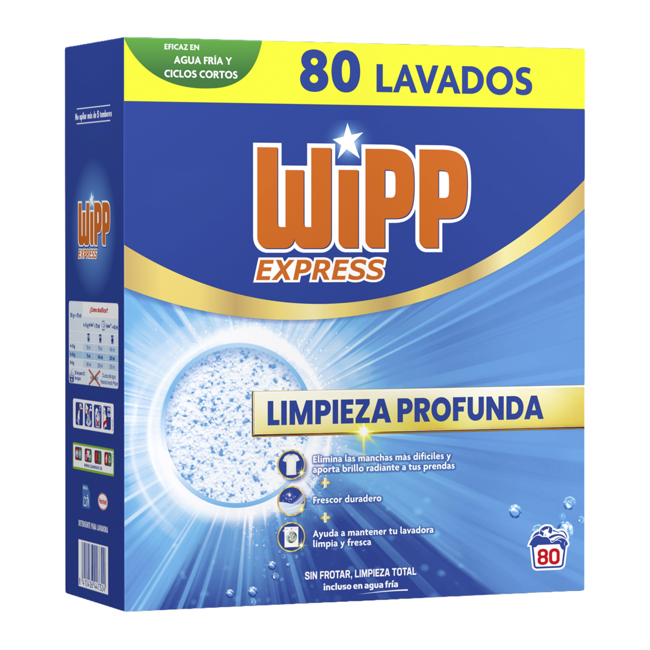Wipp Express Limpieza Profunda (80 lavados), detergente en polvo quitamanchas, para lavadora, coladas higiénicamente limpias