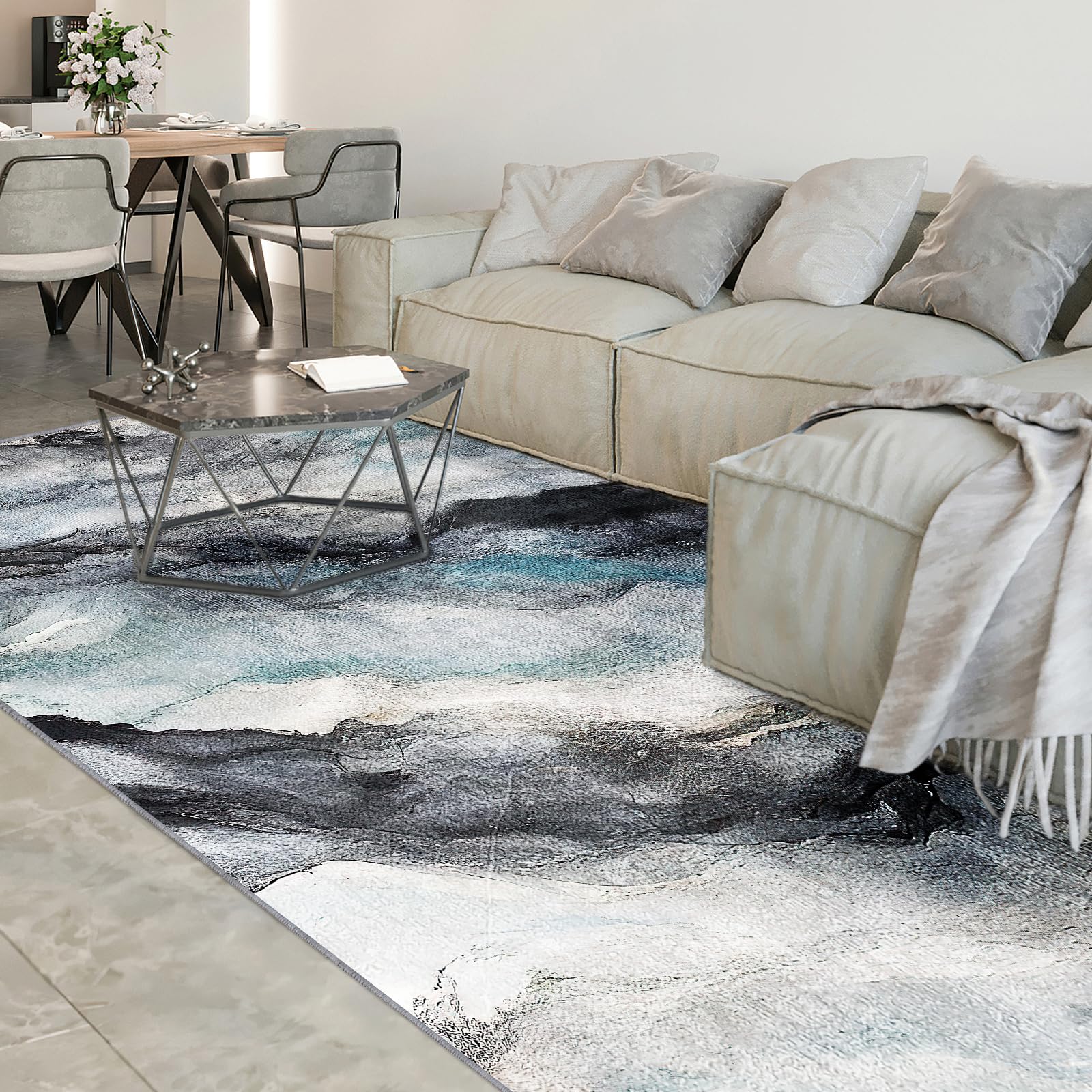 Vamcheer Tappeto Salotto Moderno Lavabile - Tappeto Soggiorno antiscivolo,Camera da Letto Pelo Corto, Tappeti Grande Sala da pranzo, ufficio, corridoio，160x230cm Bluo/Oro