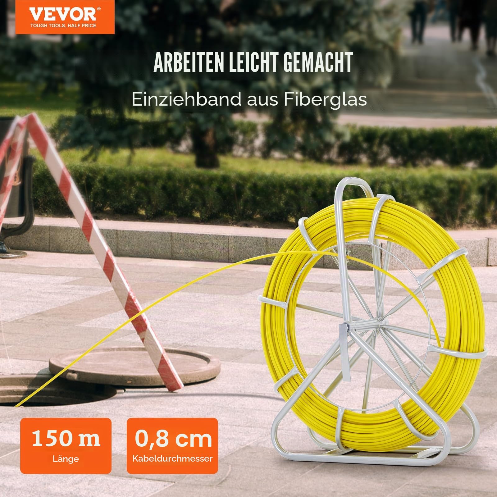 VEVOR Fiberglas Kabel Rad 150m Ø7,9mm Glasfaserstab inkl. Stahlhaspel Handschuhe Bremsgriff Metall-Zugköpfe Fischband -40℃ bis +80℃ Einziehhilfe Einziehband Einziehspirale