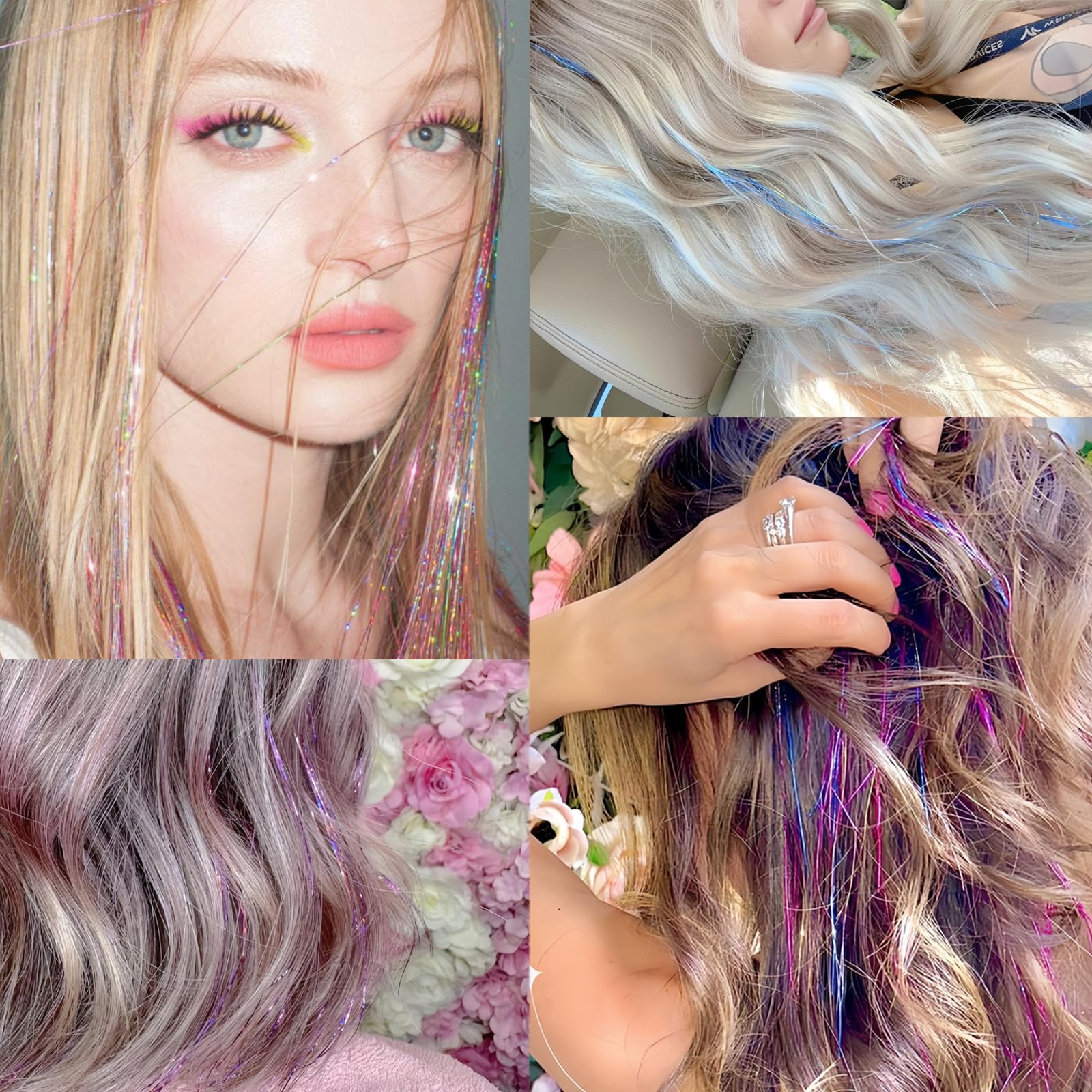 Green Hair Tinsel Kit for Girls 1800 Strands Fairy Tinsel Hair Extensions Holographic Hair Tinsel Heat Resistant Colored Hair Glitter Christmas Party Festival (Green) - Image 4