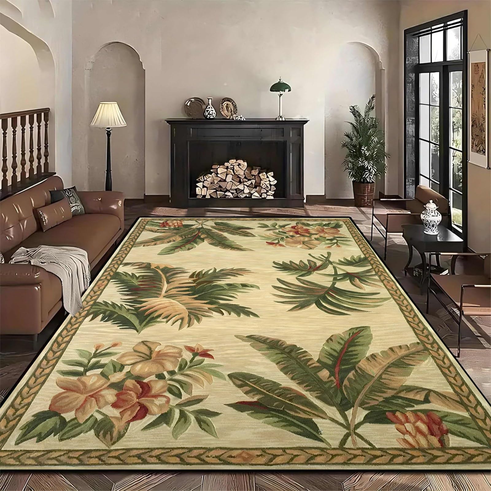 USHIRUG Floral Area Rug, 60x110cm Plant Leaf Rug for Living Room, Country Style Vintage Farmhouse Brown Leaves Rugs for Bedroom, Washable Non-Slip Indoor Dining Room Living Room Entrance Carpet