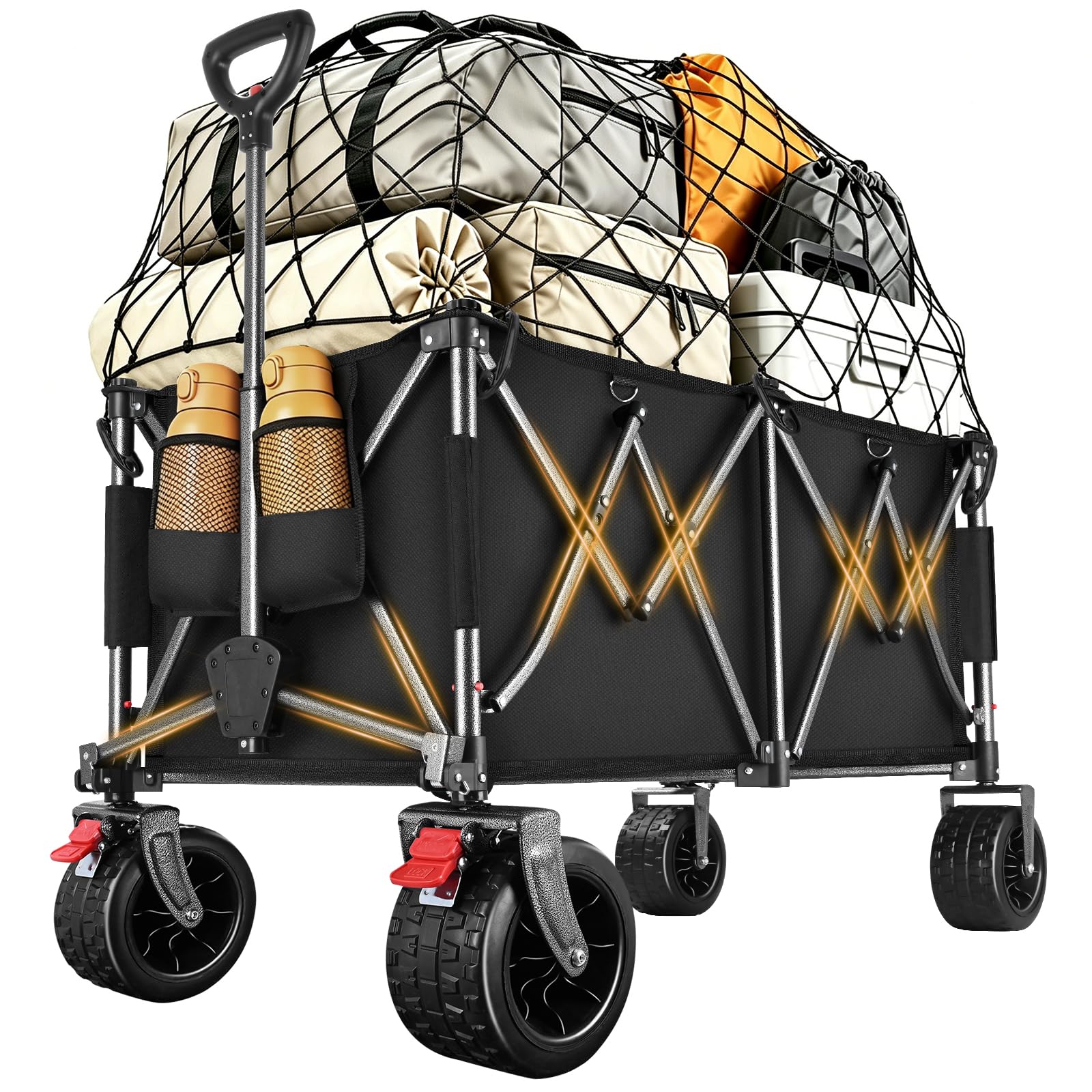 YEAUPE PRO Carrello Spiaggia Pieghevole XXXL – Doppi freni, doppia forcella rinforzata, ruote grandi, manico regolabile, rete elastica inclusa, carrello con ruote portatutto – 250kg/260L, Nero