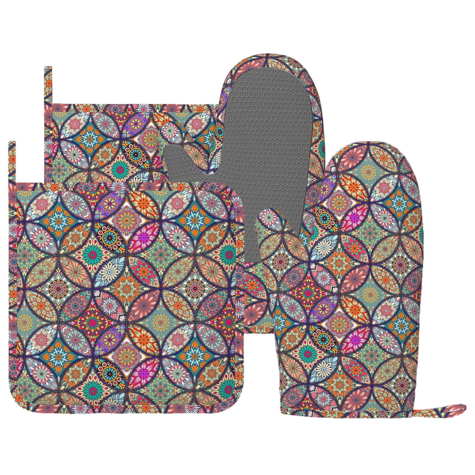 Mandala - Juego de 4 manoplas y agarraderas bohemias para horno y agarraderas, resistentes al calor, guantes de cocina étnicos, almohadillas calientes para cocinar, hornear, asar a la parrilla
