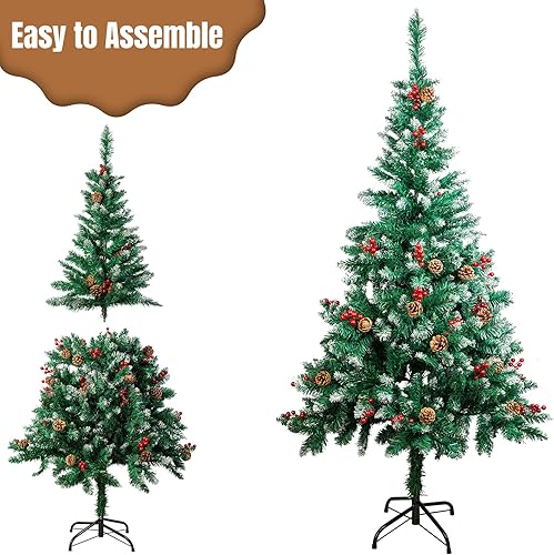 Miniatura 4 de SPORTYOUTH Árbol de Navidad artificial de 5 pies, árbol de Navidad falso flocado de nieve de alta calidad con conos de pino, soporte de metal de