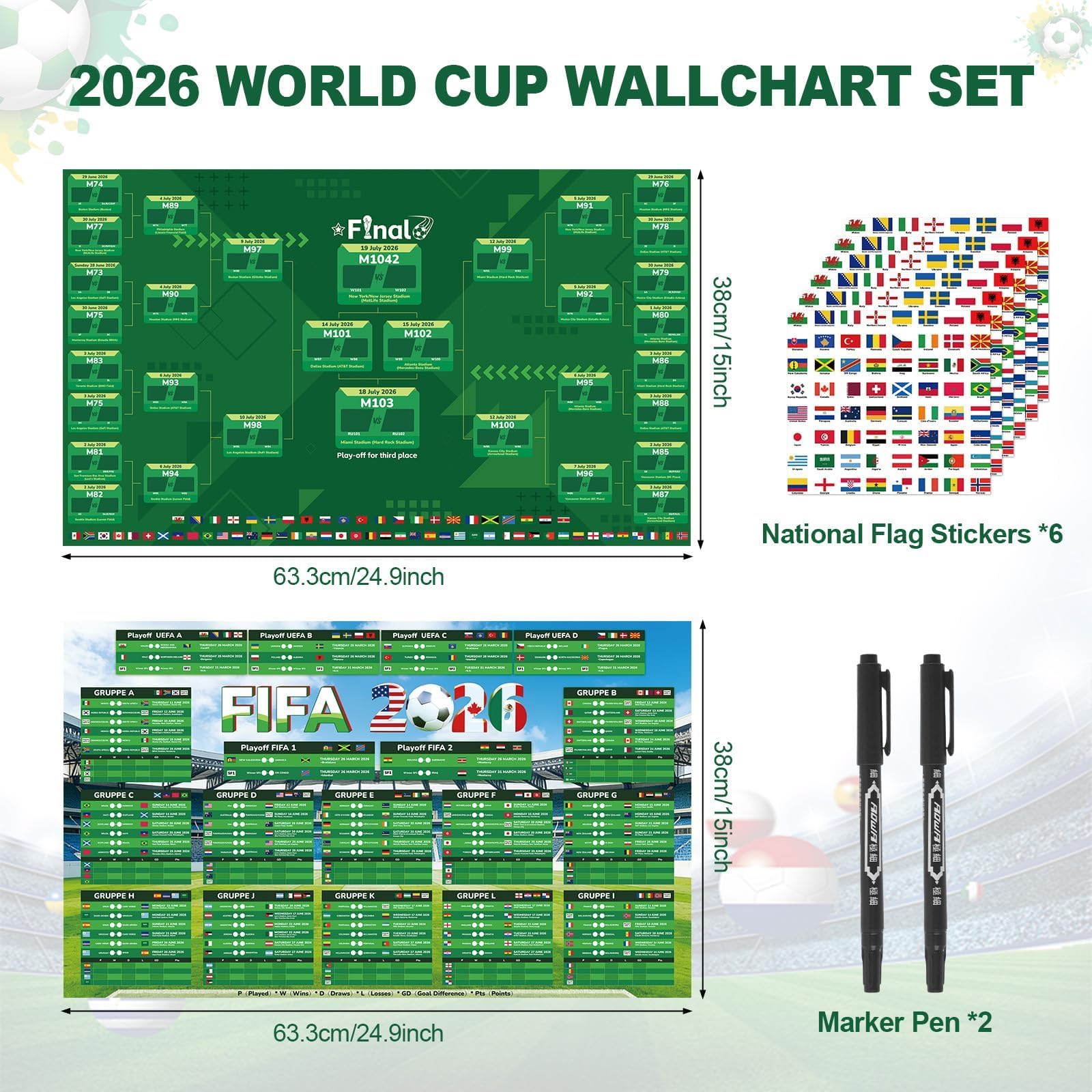 Aitsite Planificador de copa do mundo 2026, póster para decoración del Mundial de mundial 2026, planificador de fútbol con pegatinas de bandera y bolígrafo, todos los juegos, fechas y lugares - 2